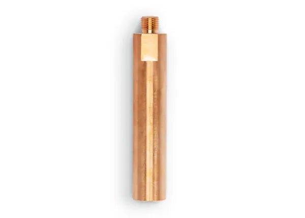 The Lincoln Heavy Duty 5 Inch Submerged Arc Nozzle Extension - KP4985-1 stands vertically on a flat base, featuring a small threaded top connector. Its smooth, polished metallic finish and simple design are highlighted against a plain white background.