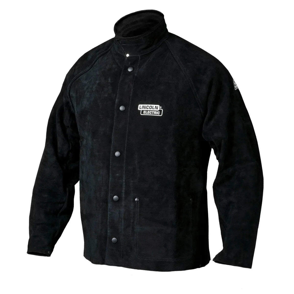 The Lincoln K2989-XXL Heavy Duty Leather Welding Jacket 2XLarge is black, made of thick split cowhide leather with snap buttons, a high collar, visible left chest logo, long sleeves, and reinforced seams for extra protection.