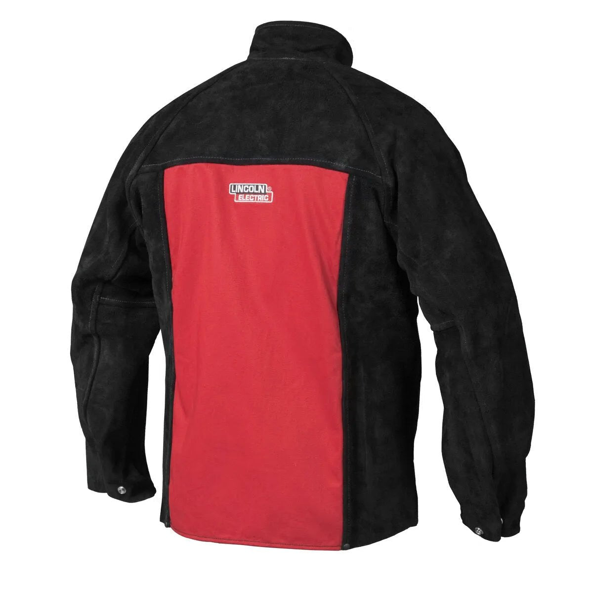 The Lincoln K2989-XL Heavy Duty Leather Welding Jacket (XL) is shown from the back, with black suede leather sleeves and sides, a bright red center panel, an upright collar, and a white Lincoln Electric logo patch on the upper back.