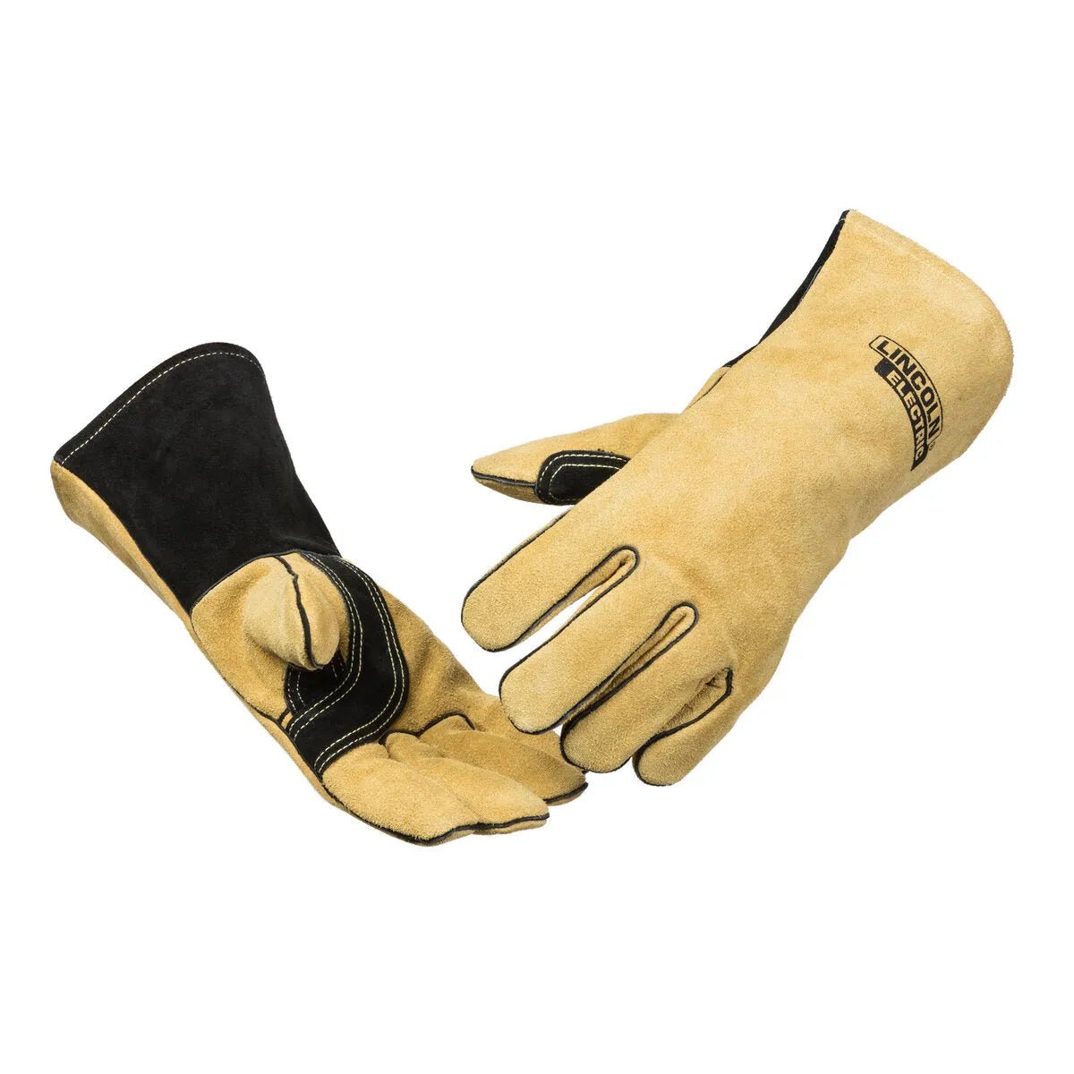 Lincoln Heavy Duty Stick/MIG Welding Gloves Medium (K4082-M) in tan and black leather feature reinforced palms, Kevlar stitching for durability, long cuffs for forearm protection, and the Lincoln Electric logo on the back.