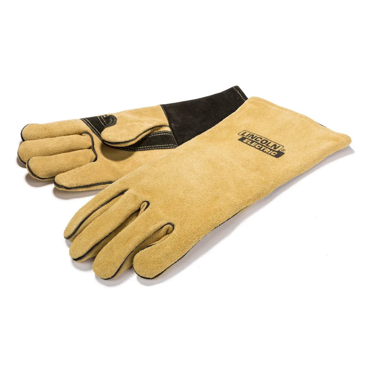 A pair of Lincoln Heavy Duty Stick/MIG Welding Gloves Medium K4082-M in yellow suede with black cuffs, one laid flat showing the Lincoln Electric logo, and the other displaying reinforced patches and Kevlar stitching for heat resistance.