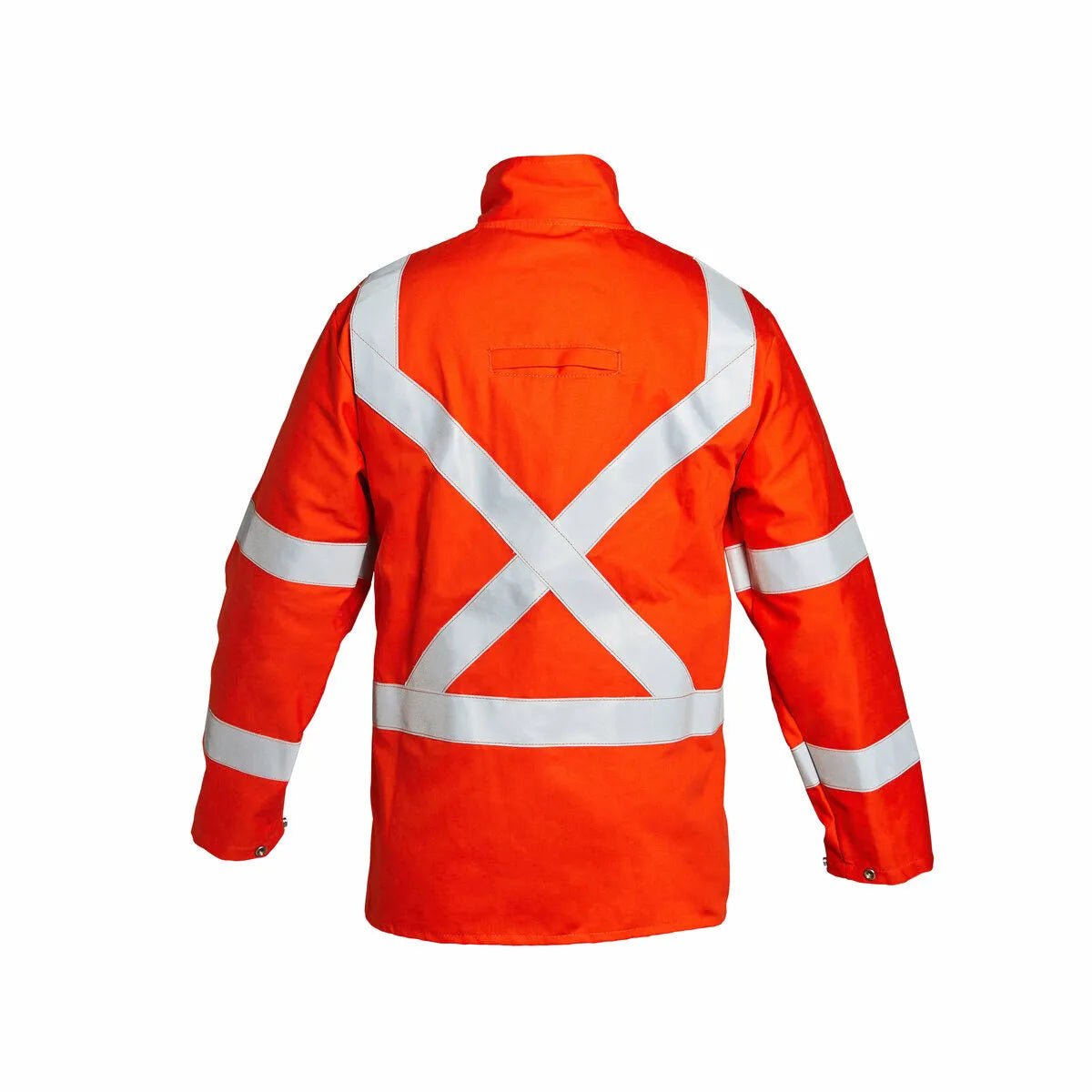 The Lincoln K4692-L High Visibility FR Orange Jacket, size Large, features flame-retardant cotton, wide reflective X stripes on the back and shoulders, horizontal arm and waist stripes, a high collar, and long sleeves.
