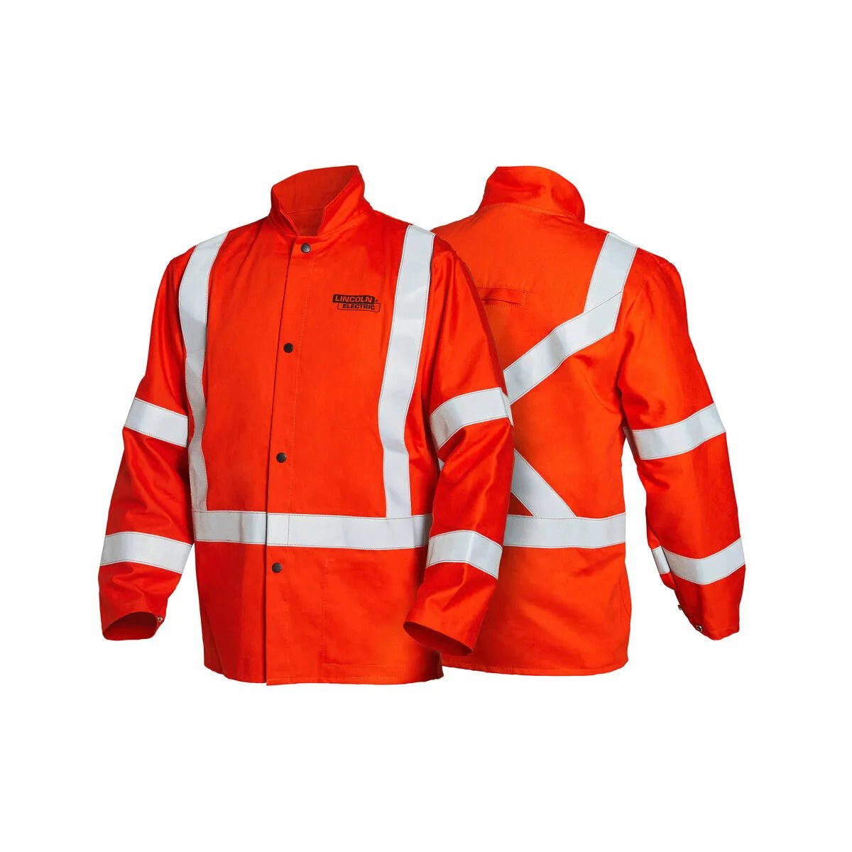 Two Lincoln K4692-M High Visibility FR Orange Jackets in medium are shown, featuring white reflective stripes across the chest, arms, and back—with one forward-facing jacket showing the logo and snaps, and the other displaying an X on the back.