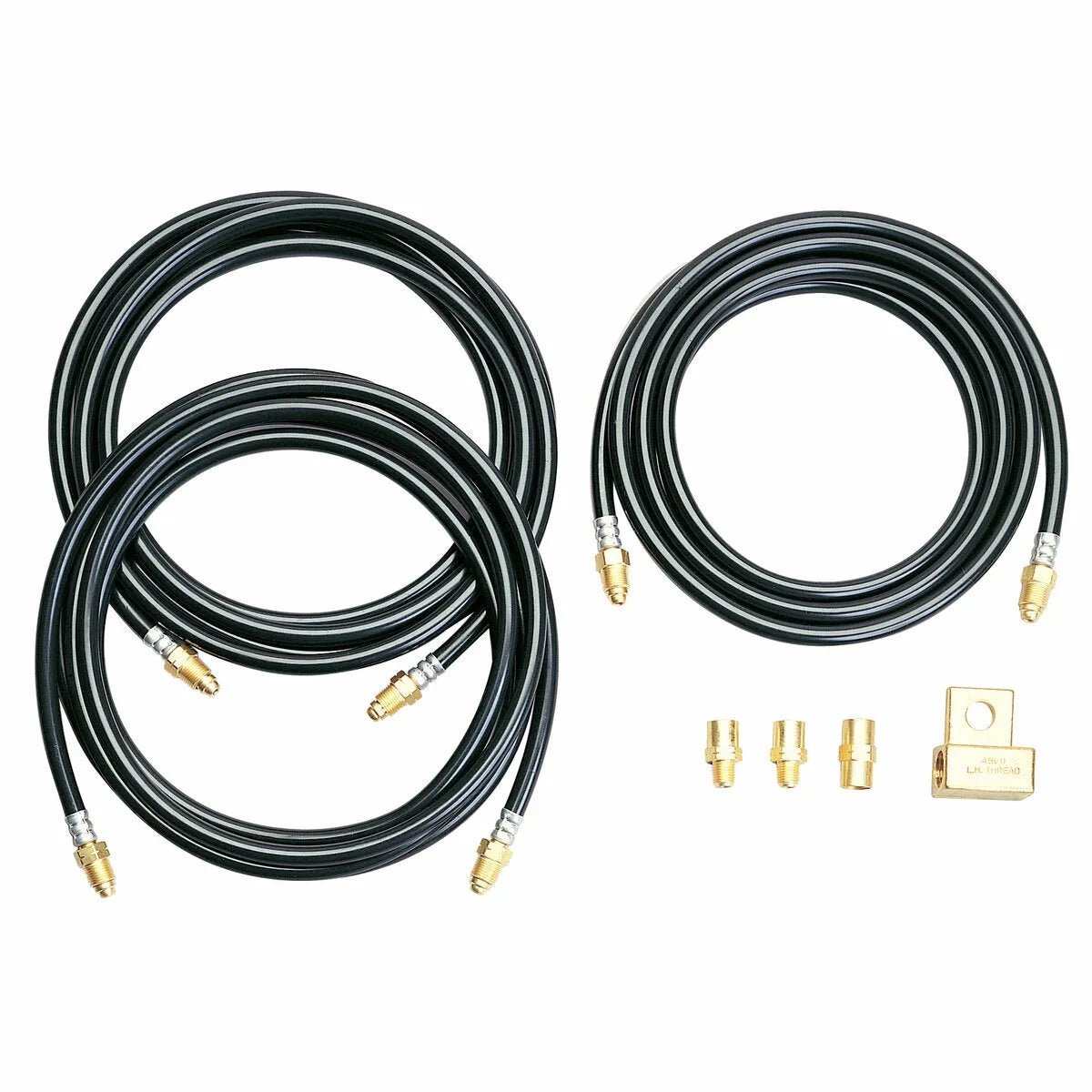 Three coiled black hoses with brass fittings, four small brass connectors, and a square fitting are lined up on white. These components are part of the Lincoln Hook-Up Kit for 18 and 20 Series Torches KP504.