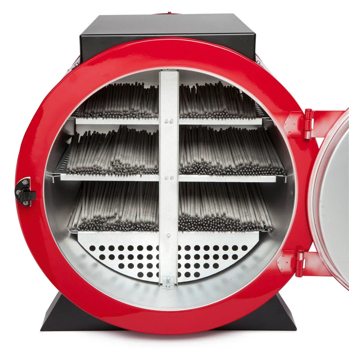 The Lincoln HydroGuard Bench Welding Rod Oven 115/120 V K2942-1 is a red, cylindrical oven with an open door revealing three shelves for stick electrode storage, featuring a metallic interior and vented bottom to ensure moisture resistance.