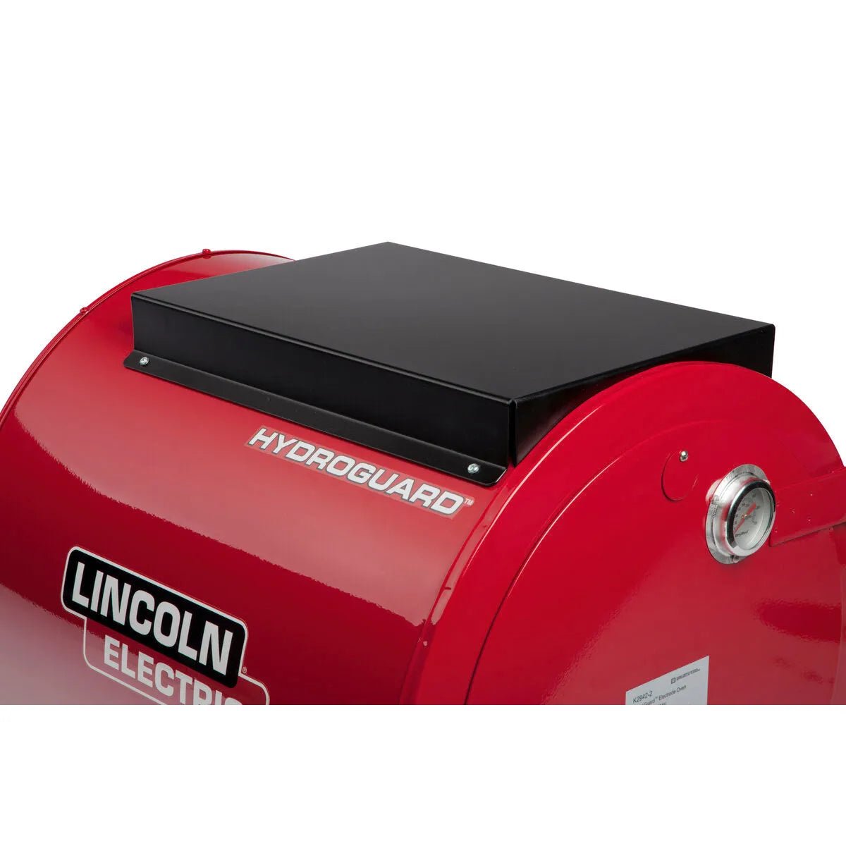 A close-up of the Lincoln HydroGuard Bench Welding Rod Oven 115/120 V K2942-1 shows its red body with a black rectangular lid, a pressure gauge on the right, and bold white logos for electrode storage and moisture resistance.