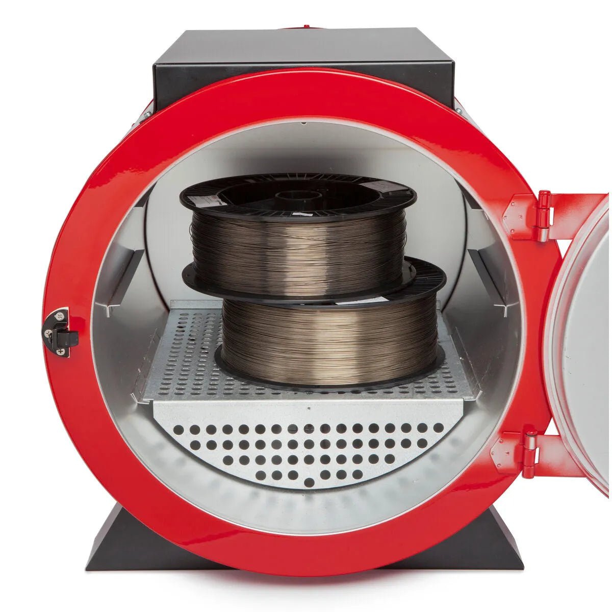 A front-facing view of an open Lincoln HydroGuard Bench Welding Rod Oven 115/120 V K2942-1 shows two spools of filament stacked vertically on a perforated metal shelf, ideal for moisture-resistant storage during 3D printing.