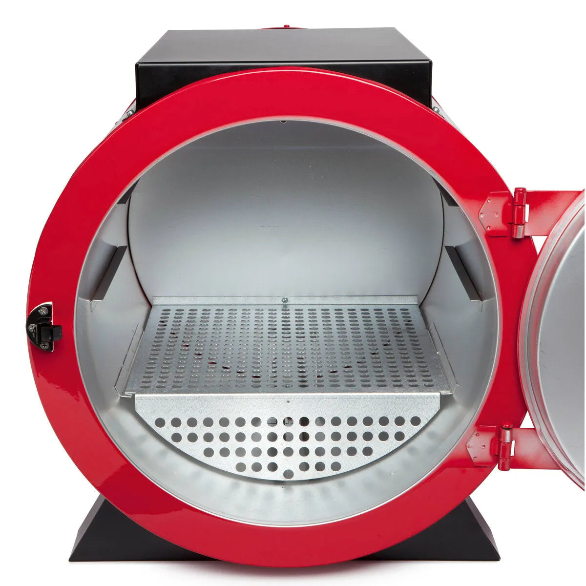 A front view of the Lincoln HydroGuard Bench Welding Rod Oven 240/480 V K2942-2 shows its red and black design with the door open, revealing a spacious silver perforated rack for welding rod storage. The latch and hinges are visible on the right.