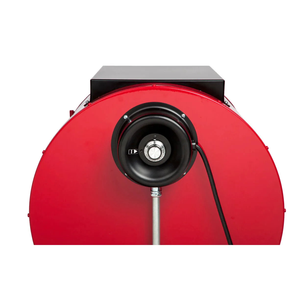 Front view of the Lincoln HydroGuard Bench Welding Rod Oven 240/480 V K2942-2, a large red unit with a central black circular component and knob for stick electrode storage and moisture resistance, attached to a metal pipe and cable.