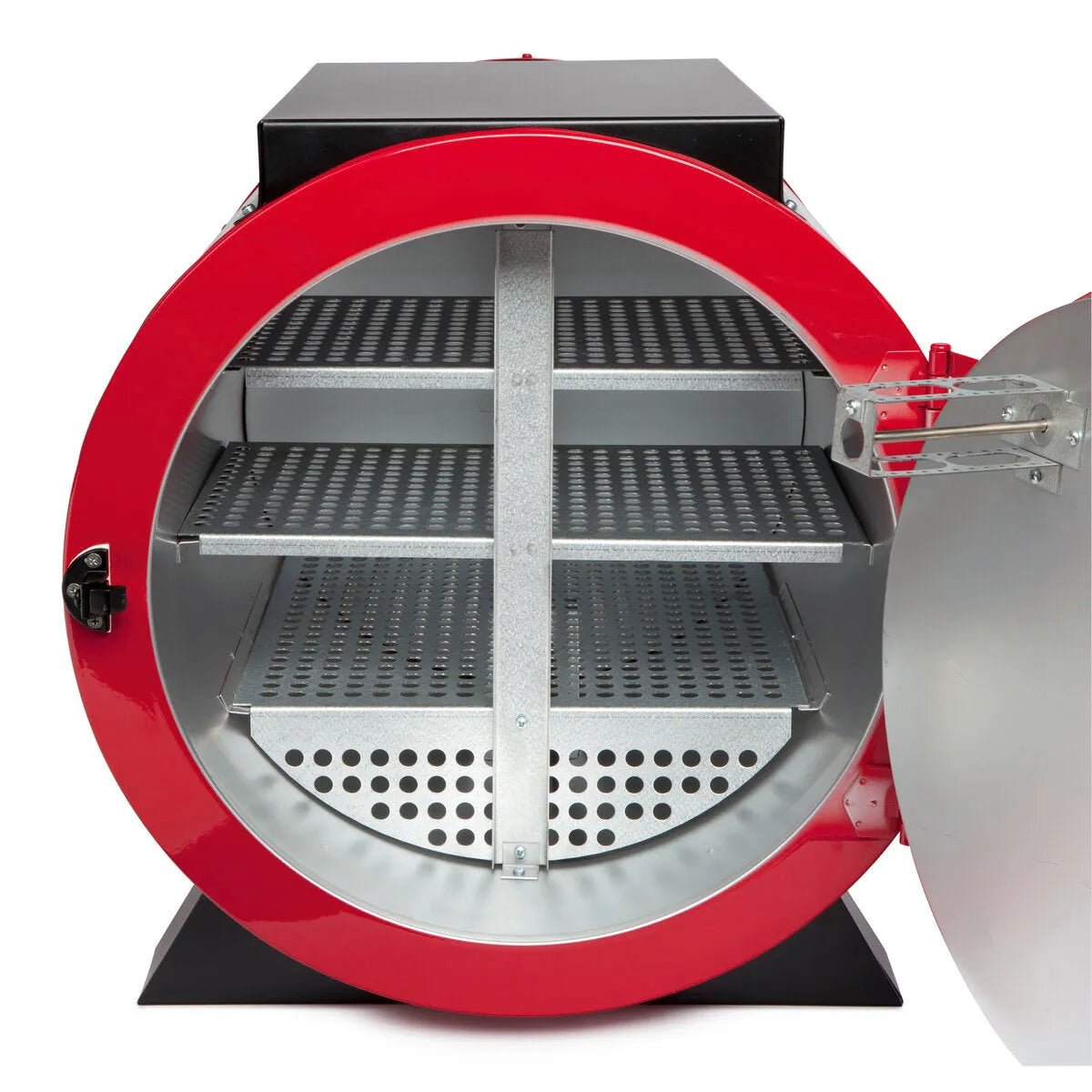 The Lincoln HydroGuard Bench Welding Rod Oven 240/480 V K2942-2 features a cylindrical red and black exterior, a right-hinged door, and three perforated metal racks inside for stick electrode storage and improved moisture resistance.