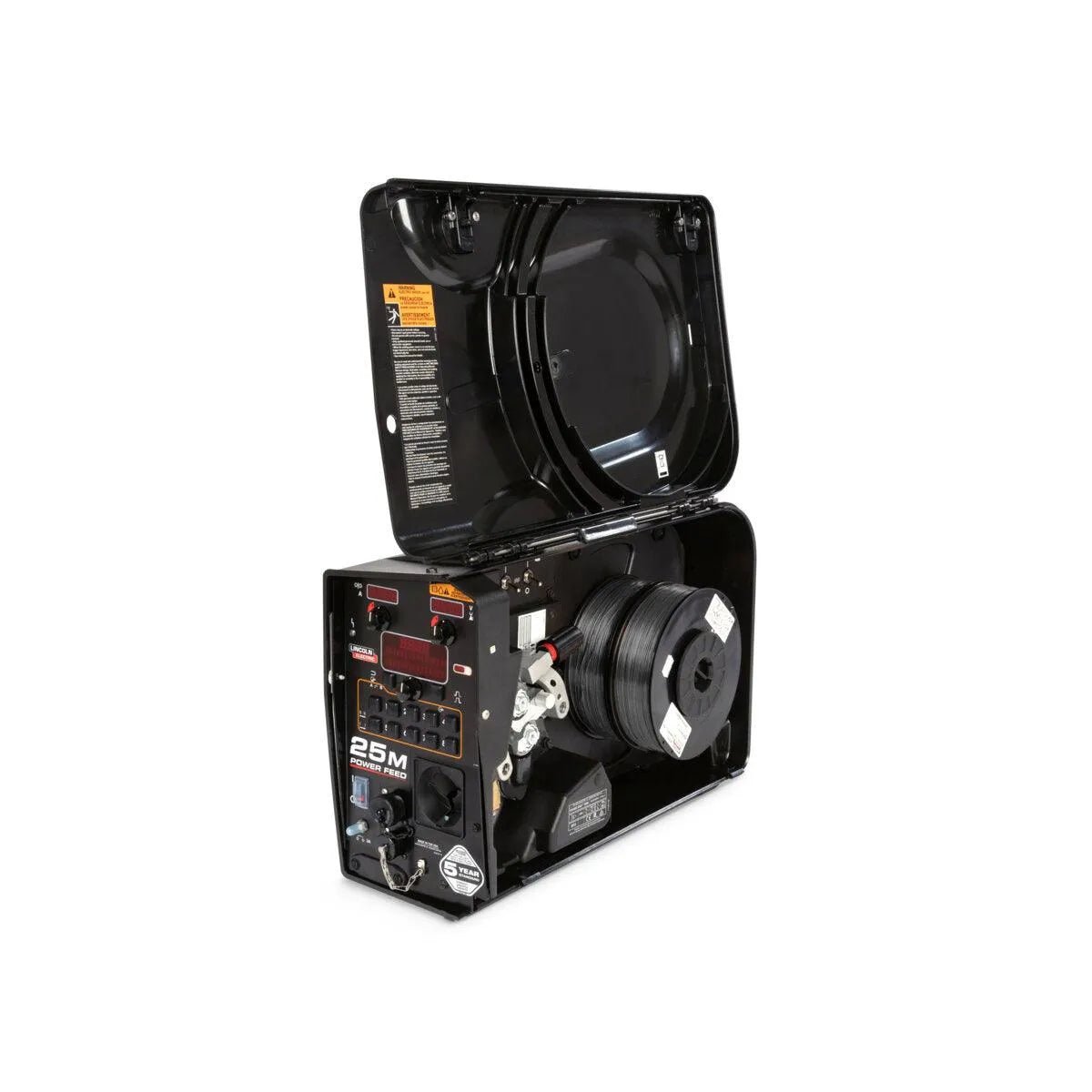 A Lincoln HyperFill 2-Roll Drive Roll Kit Knurled, .045 in. (KP4388-4), shown installed inside a welding machine with the lid open, reveals its knurled drive rolls alongside internal controls, wire spool, and visible labels and adjustment knobs.