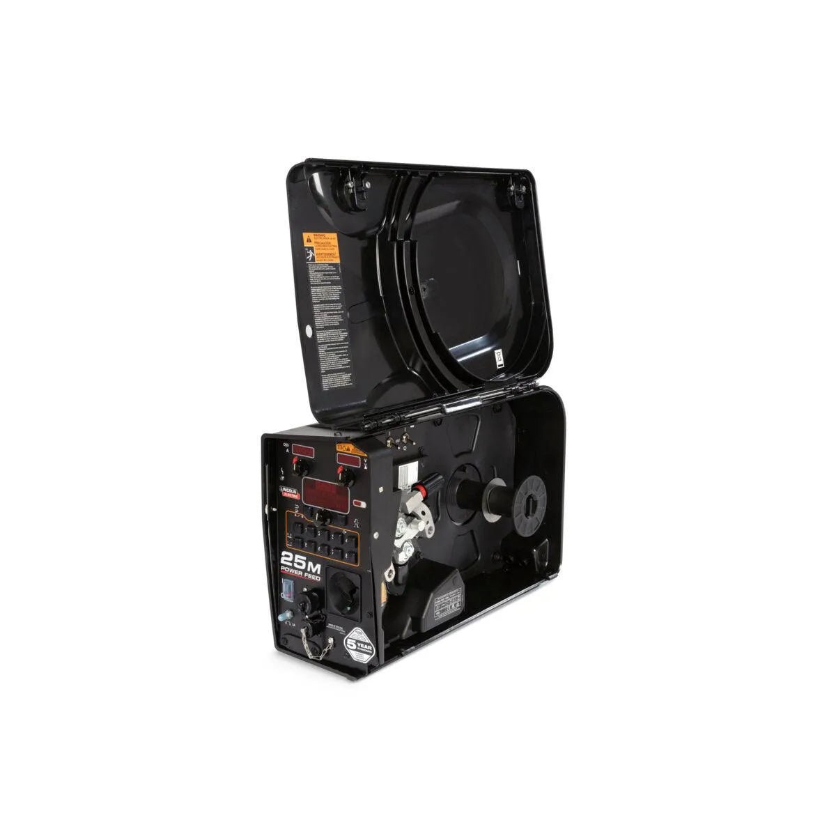 A Lincoln HyperFill 2-Roll Drive Roll Kit Knurled, .045 in. (KP4388-4), shown with its lid open to display control knobs, wiring, spool holder for welding wire, knurled drive rolls, and instruction labels against a white background.