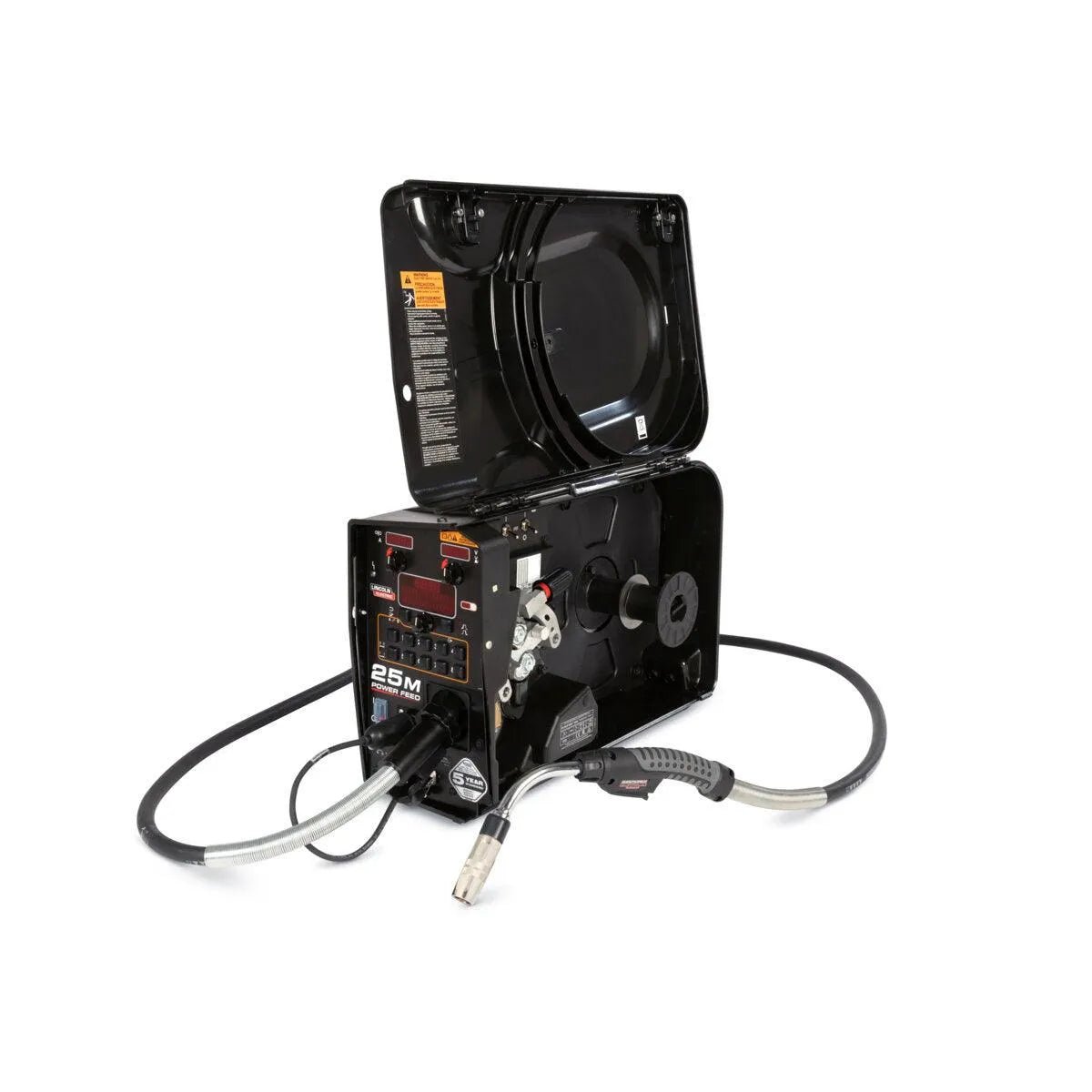 A black, box-shaped Lincoln HyperFill 2-Roll Drive Roll Kit Knurled, .045 in. (KP4388-4) sits with its lid open, showing internal reels and wiring. Knurled drive rolls are visible alongside controls and cables, one ending in a welding gun.