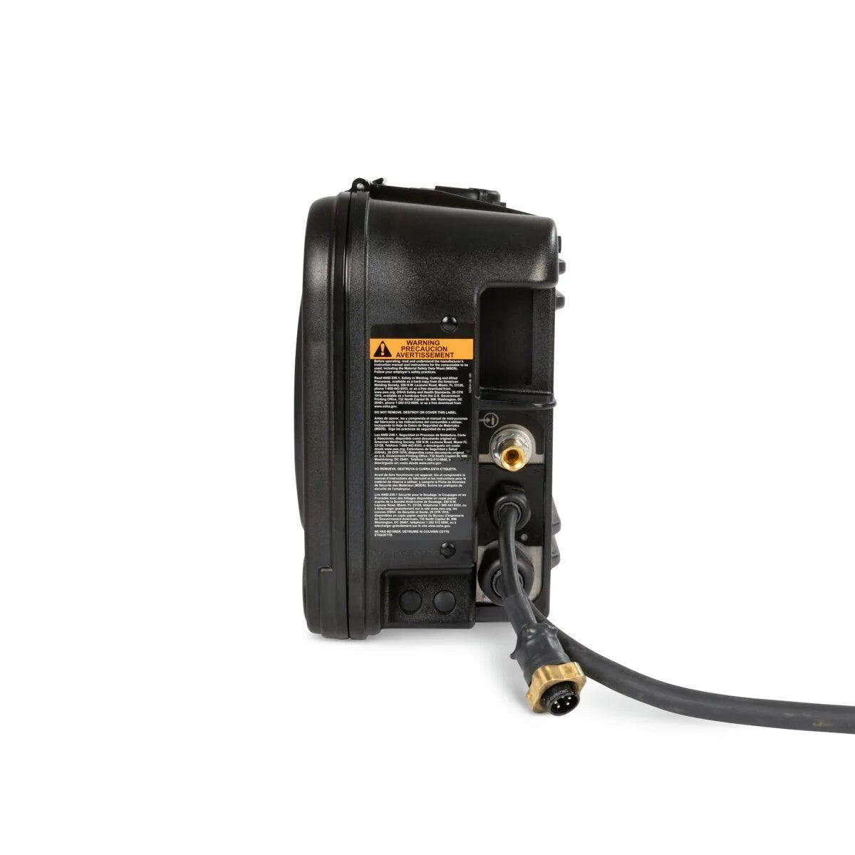 A side view of the Lincoln HyperFill 2-Roll Drive Roll Kit Knurled, .045 in. (KP4388-4) shows a power cable below a brass connector, caution label with orange heading, and screws. Compatible with FCAW Power Feed 25M systems.