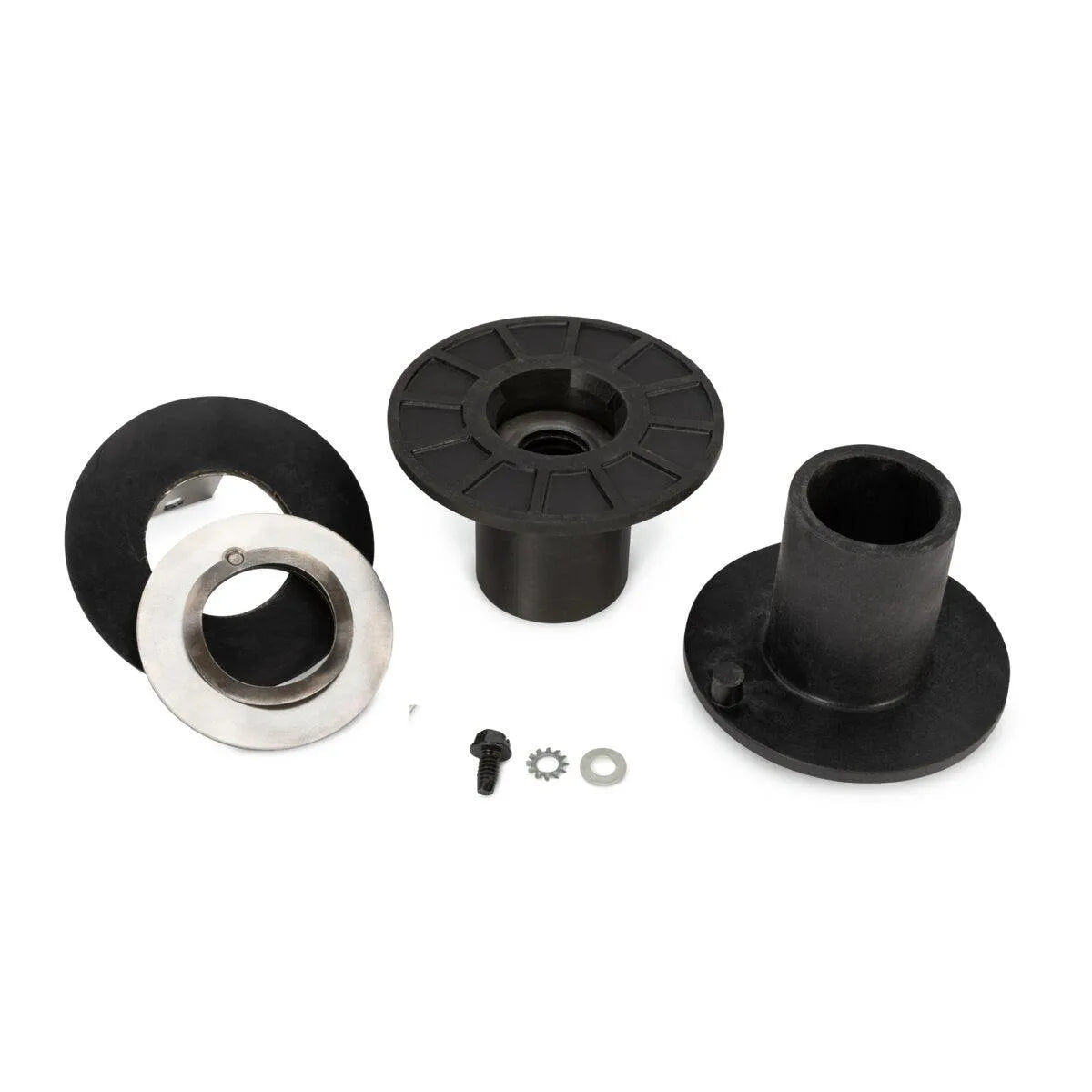 The Lincoln HyperFill 2-Roll Drive Roll Kit Knurled, .045 in. (KP4388-4) includes black plastic and silver metal hardware—cylindrical parts, disc components, drive rolls, gear, screw, and washers—ideal for the FCAW Power Feed 25M.