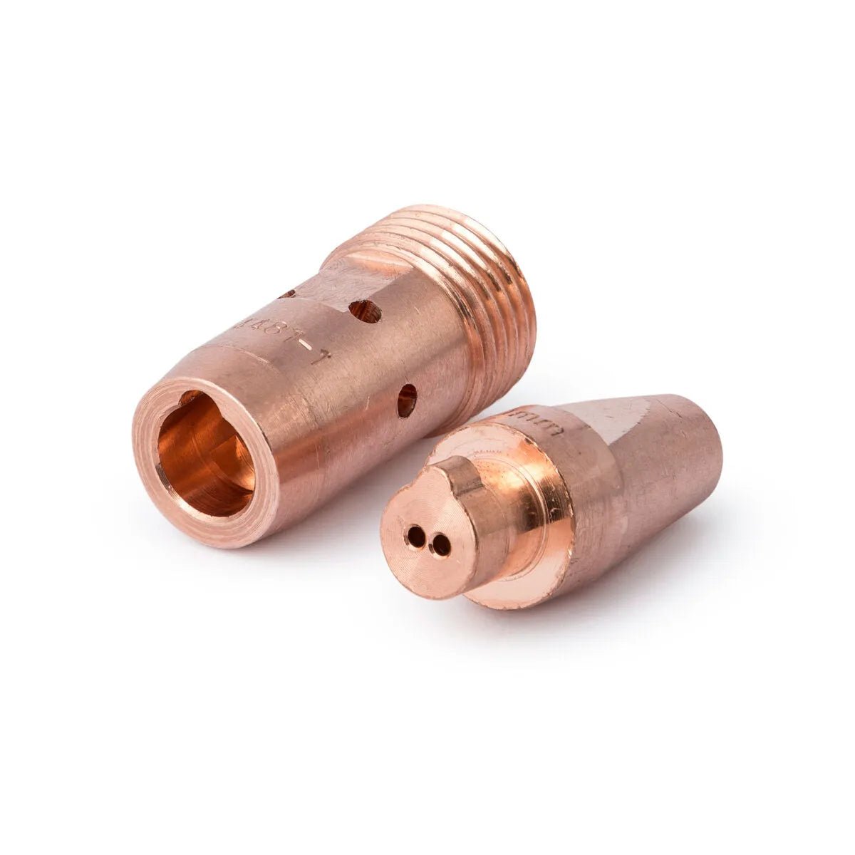 Two Lincoln Hyperfill Contact Tip .040 (KP4482-040) from a 10-pack are shown on a white background—one stands upright showing two small holes, while the other lies down displaying its threaded end and side air holes.