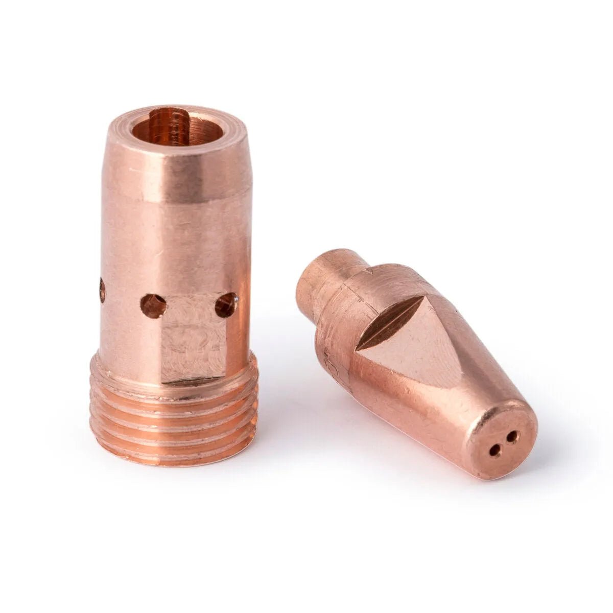 Two small copper Lincoln Hyperfill Contact Tips .040 KP4482-040 are shown on a white background. One stands upright showing the threaded base and side holes; the other lies sideways, displaying its pointed end.