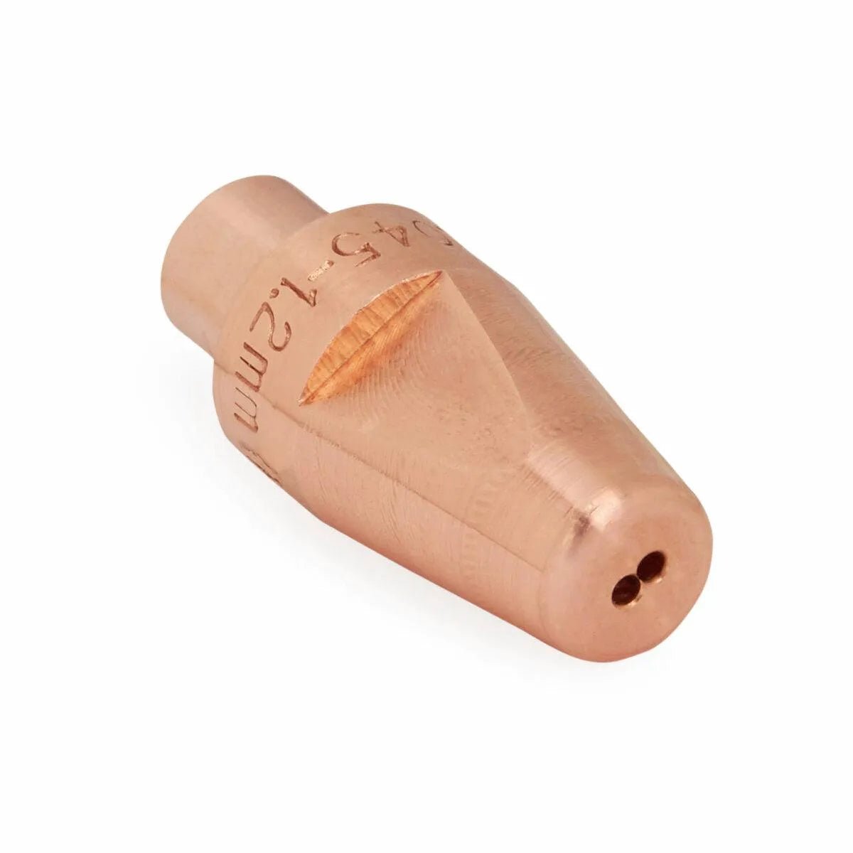 A close-up of a Lincoln HyperFill Cored Wire Contact Tip .047 (1.2 mm) KP5344-047, featuring a conical shape with engraved numbers and two holes at the end, clean and shiny, displayed on a plain white background.