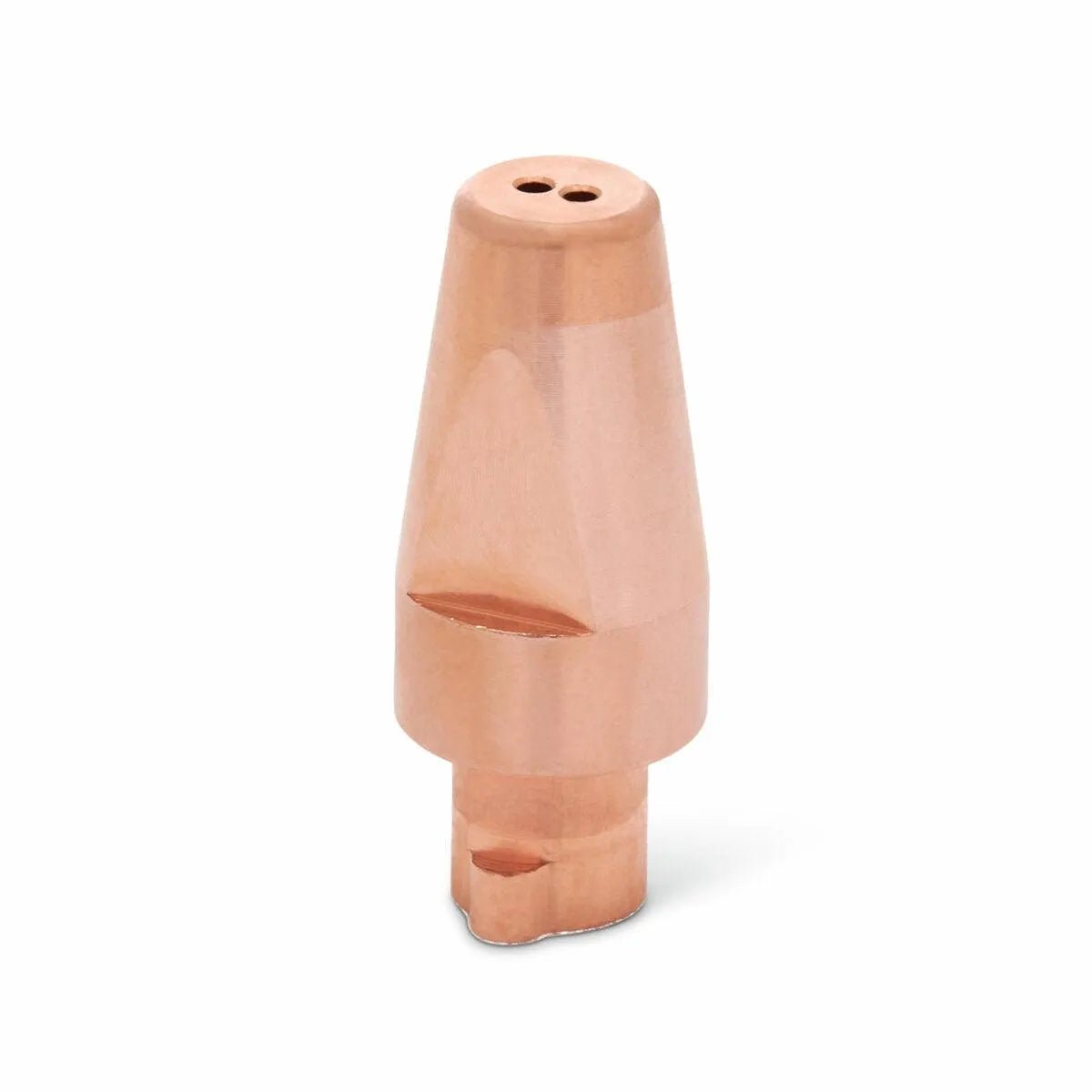 The Lincoln HyperFill HD Contact Tip, 0.035 in. (10/pack) KP4482-035-HD features a copper-colored, tapered cylindrical shape with two top holes and a notched base, designed for high deposition GMAW welding applications.