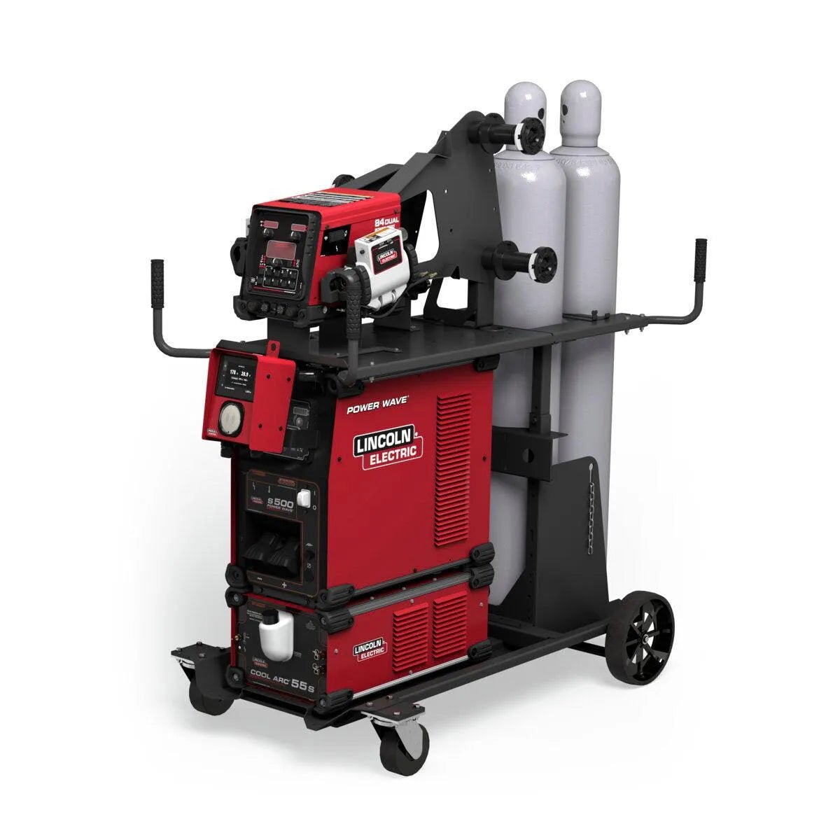 The Lincoln HyperFill Reveal Power Feed 84 Dual Ready-Pak, Dual Cart (K4650-6) features a red and black MIG setup on a wheeled cart with two upright gas cylinders, cables, controls, and handles for easy maneuvering.