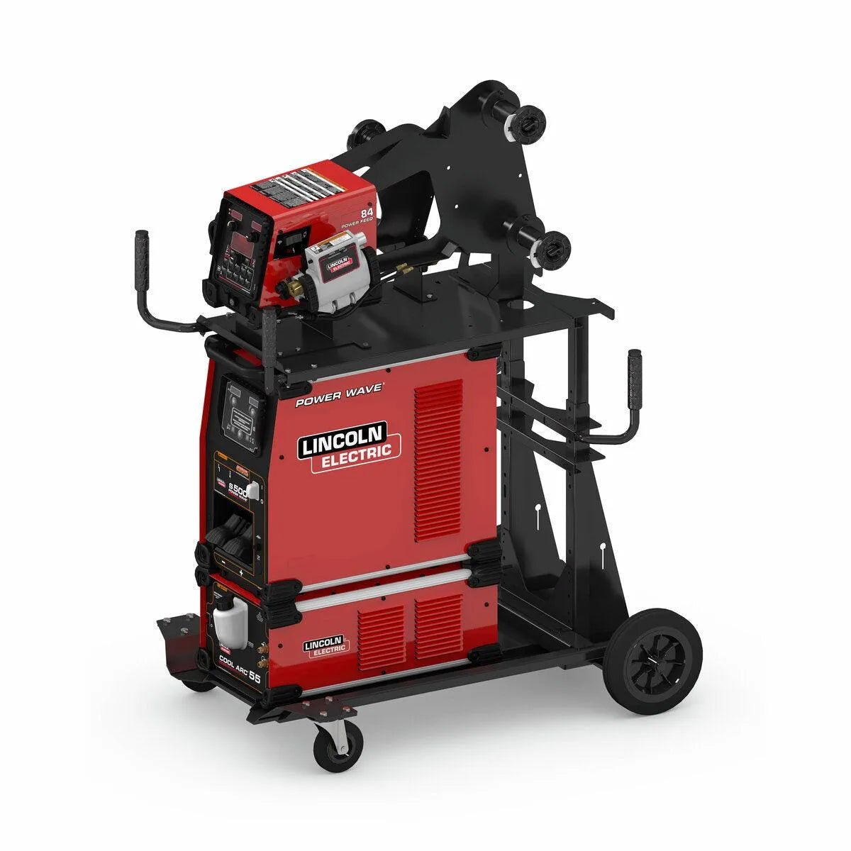 The Lincoln HyperFill Reveal Power Feed 84 Single Ready-Pak (K4650-5) is a red and black welding system with wheels, multiple control panels, vents, handles, cable brackets, and a black metal cart—compatible with Lincoln HyperFill twin wire MIG.