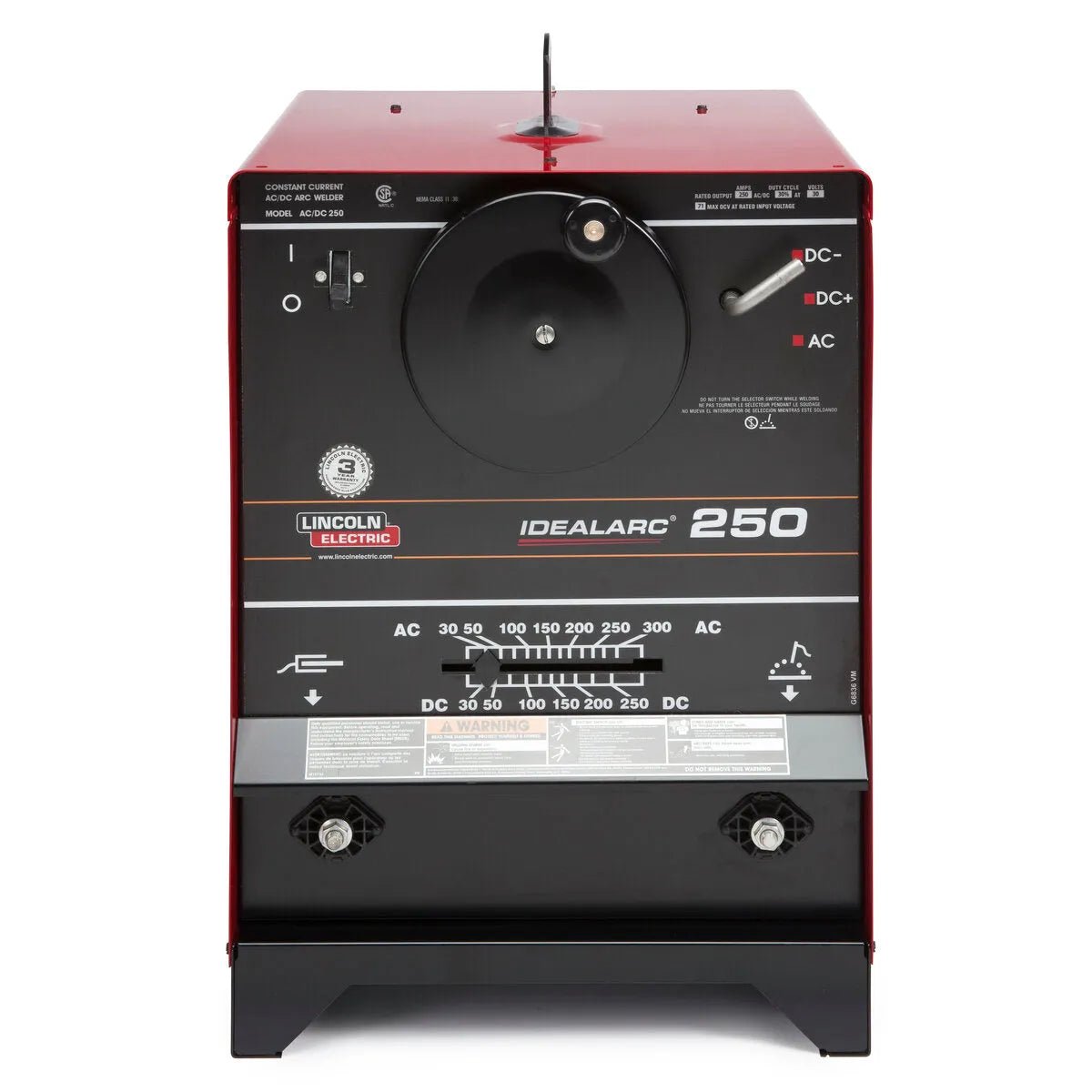 Lincoln Idealarc 250 Stick Welder with PFC K1053-9, black/red body, pro welding controls, dials & labeled indicators.
