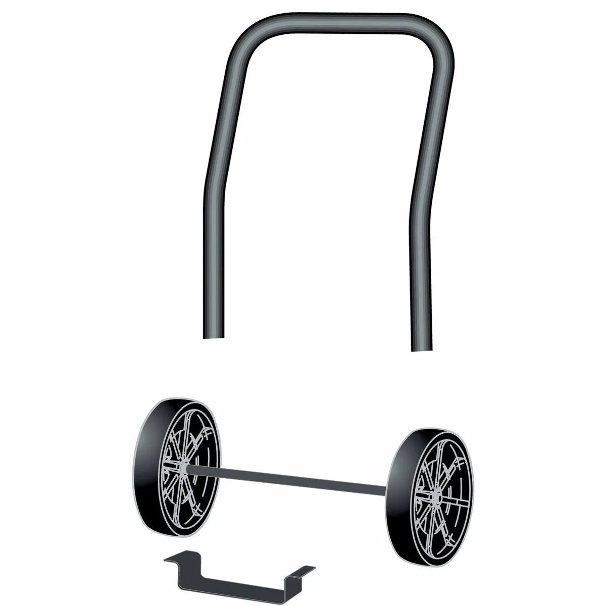 A digital illustration shows three parts of a welder undercarriage: a curved handle at the top, a wheel-and-axle assembly in the middle, and a flat metal bracket at the bottom, all against a white background—ideal for Idealarc 250 welder mobility.