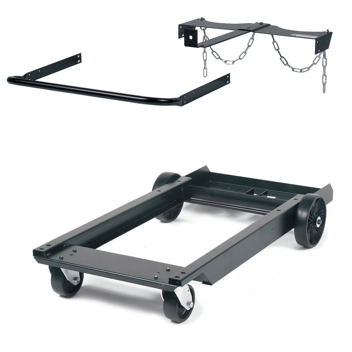 A black metal wheeled cart frame, designed as an Idealarc undercarriage for Lincoln DC400 DC500 welding machines, is shown below a separate black bracket with chains—both parts intended for assembly or enhanced welding machine mobility.