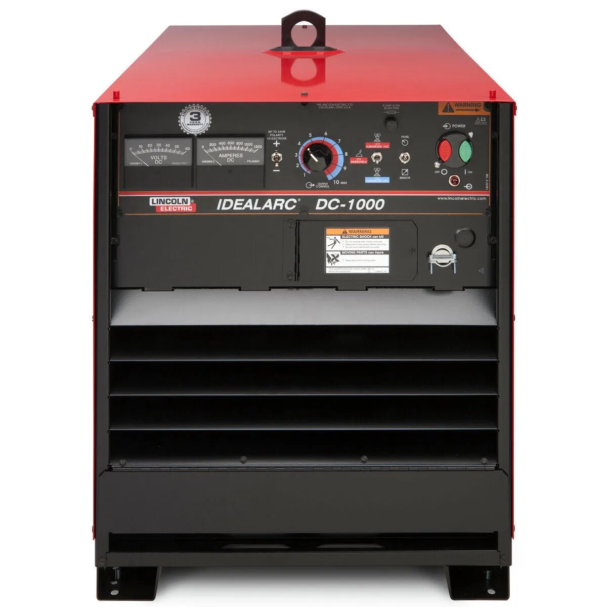 A front view of the Lincoln Idealarc DC-1000 Subarc Welder - K1386-4 shows its red and black design, lower vents, and a top control panel with dials, gauges, switches, and warning labels.
