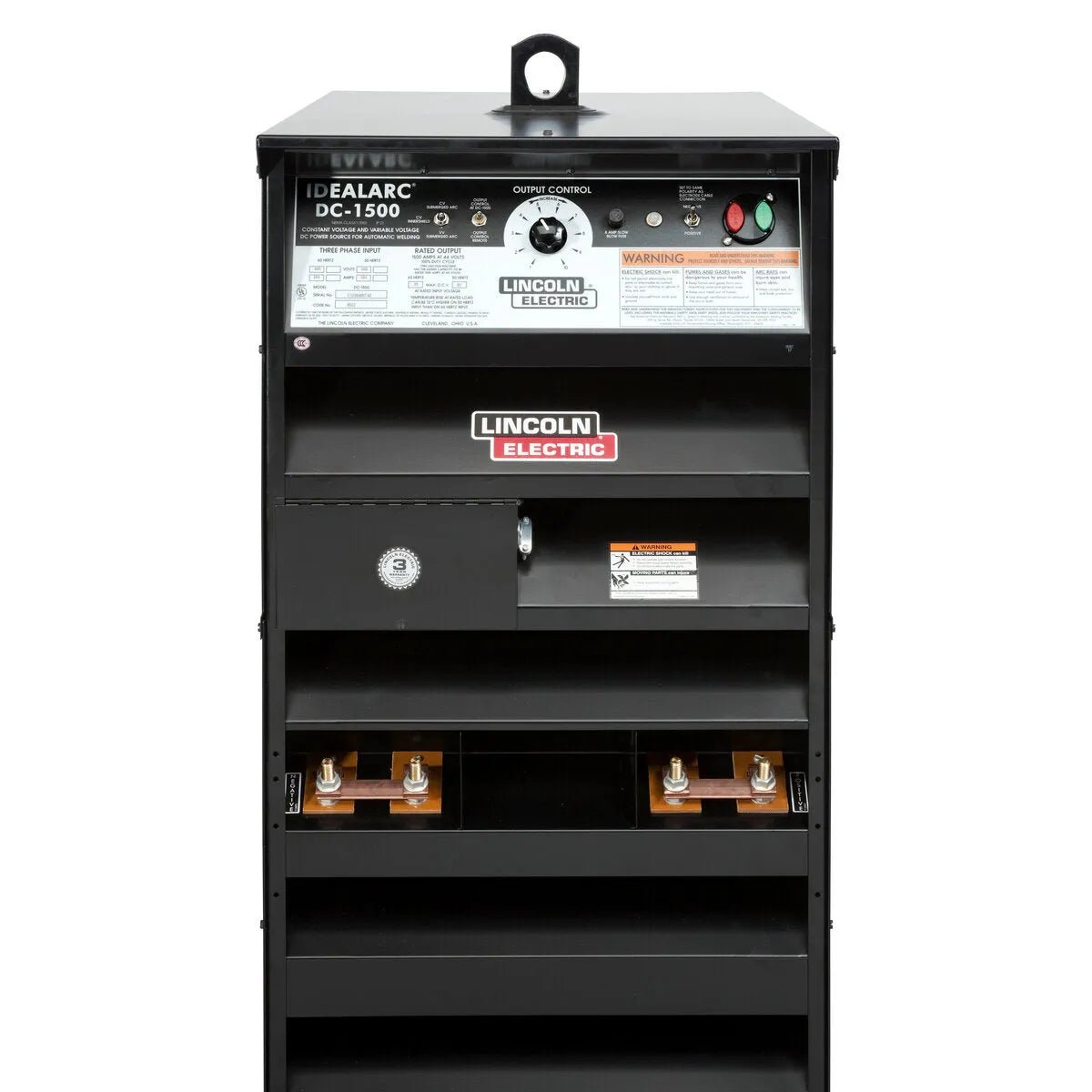 A black Lincoln Idealarc DC-1500 Submerged Arc Welder - K1275 stands upright, featuring front-panel dials, switches, warning labels, output terminals, the Lincoln Electric logo, and a top lifting hook for easy transport and automatic welding setups.