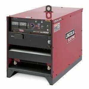 The Lincoln Idealarc DC600 220/380/440 3/50/60 (K1365-24) features SCR rectifier welding technology, a black front panel with control dials, gauges, switches, four-leg support, and a top lifting eye. Not available in US.