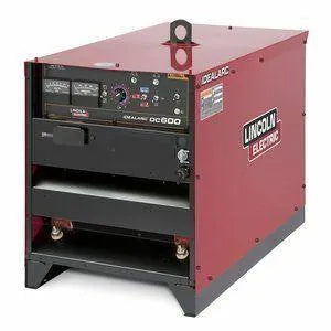 The Lincoln Idealarc DC600 220/380/440 3/50/60 (K1365-24) features SCR rectifier welding technology, a black front panel with control dials, gauges, switches, four-leg support, and a top lifting eye. Not available in US.