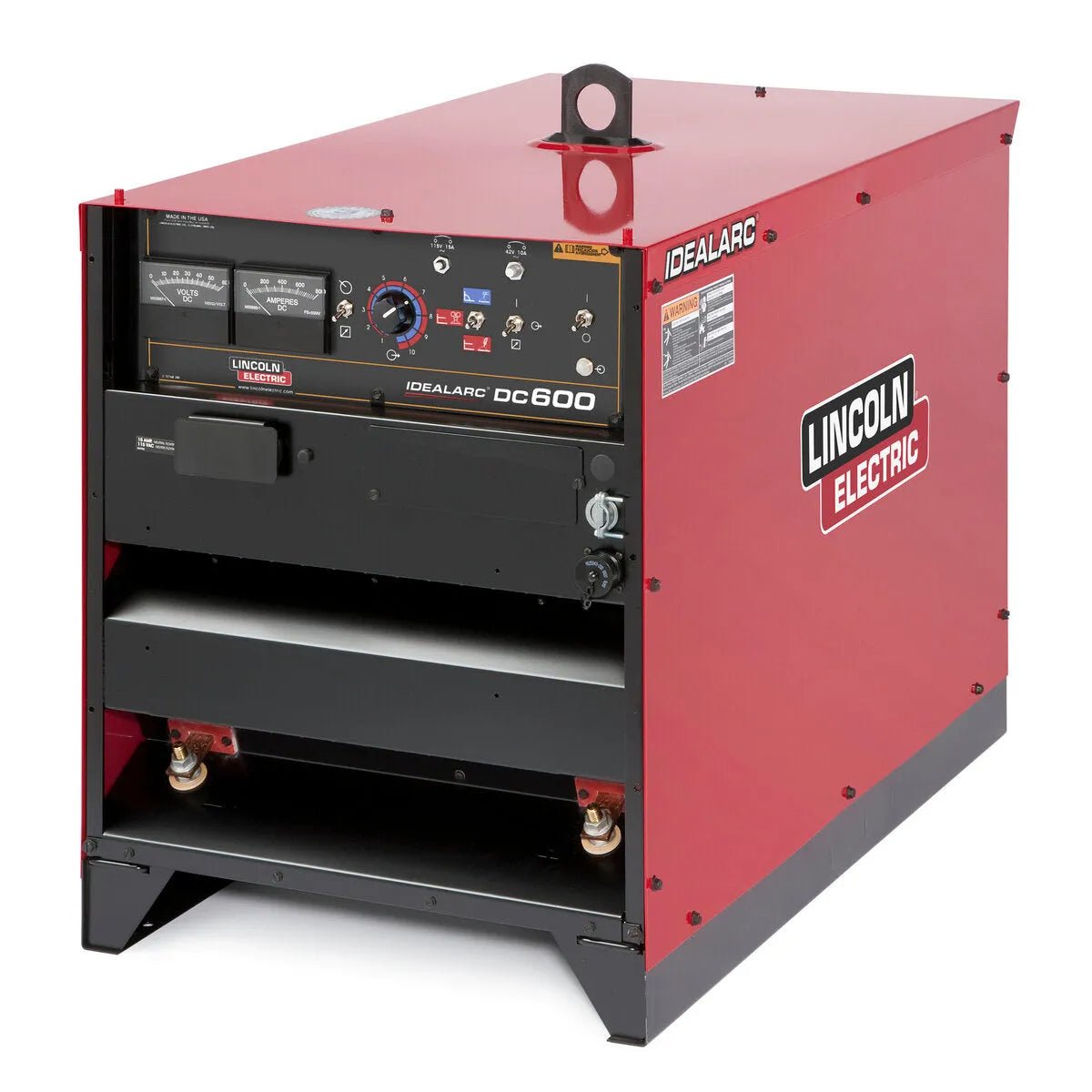 The Lincoln Idealarc DC600 Multi-Process Welder - K1288-22 is a large, red industrial unit with control dials, switches, gauges, black trim, a top handle, and wheels for mobility, shown against a white background.