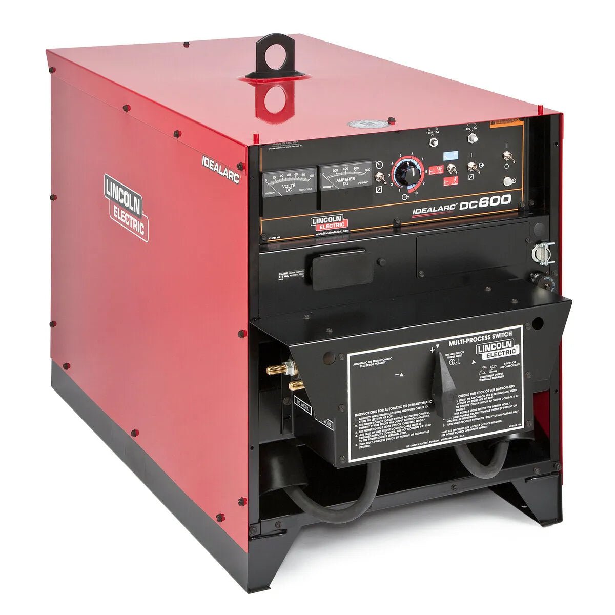 The Lincoln Idealarc DC600 Multi-Process Welder with Multi-Process Switch (K1288-18) features a durable red metal exterior, black control panel with meters and connectors, lifting hook on top, and stable flat-surface placement.