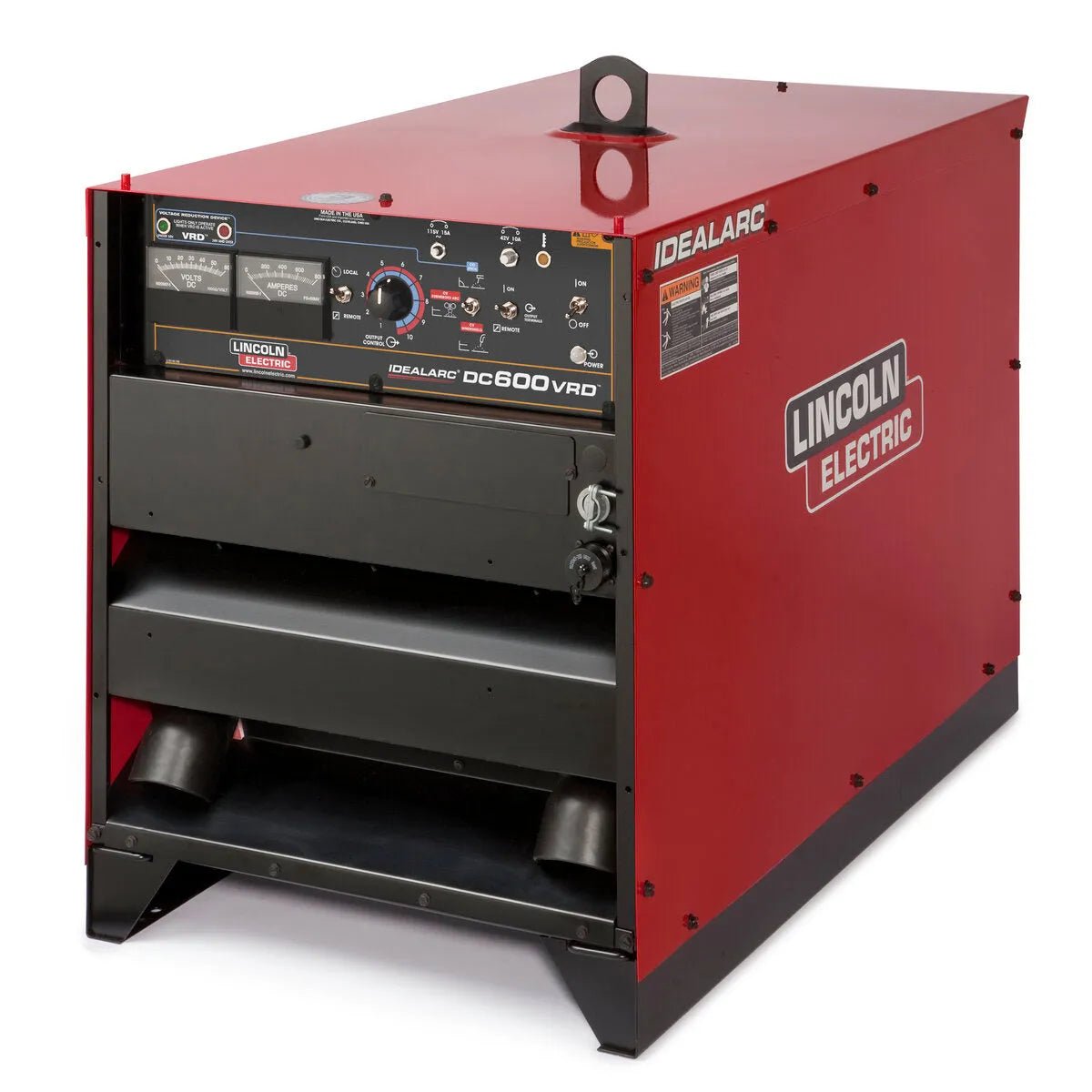 The Lincoln Idealarc DC600 with VRD Multi-Process Welder (K1288-28) is a large red unit featuring a control panel with knobs, switches, gauges, side handles, safety VRD tech, a black base, and the prominent Lincoln Electric logo.
