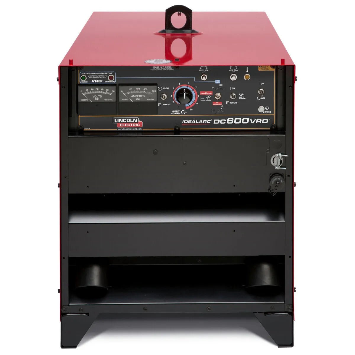 A front view of a red Lincoln Idealarc DC600 with VRD Multi-Process Welder (K1288-28) shows the control panel with knobs, switches, meters, and labels. The lower section is open, revealing an empty shelf and a coiled power cable.