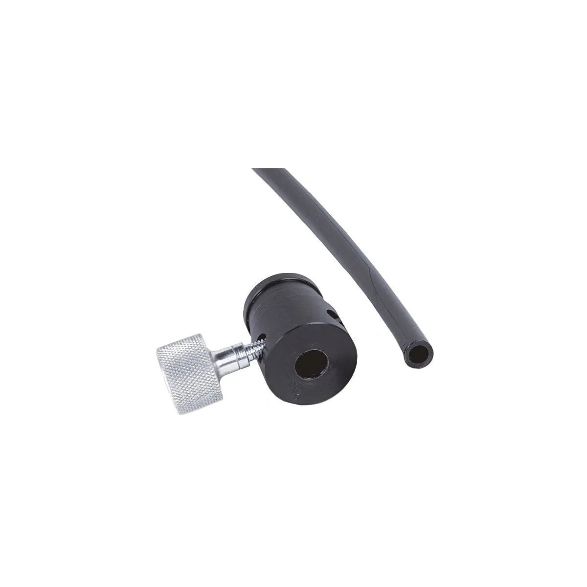 A close-up photo of the Lincoln Incoming Bushing for Lincoln Conduit K1546-1, a black cylindrical tool with a silver knurled knob, attached to a wire conduit bushing and flexible black tube, shown on a white background.