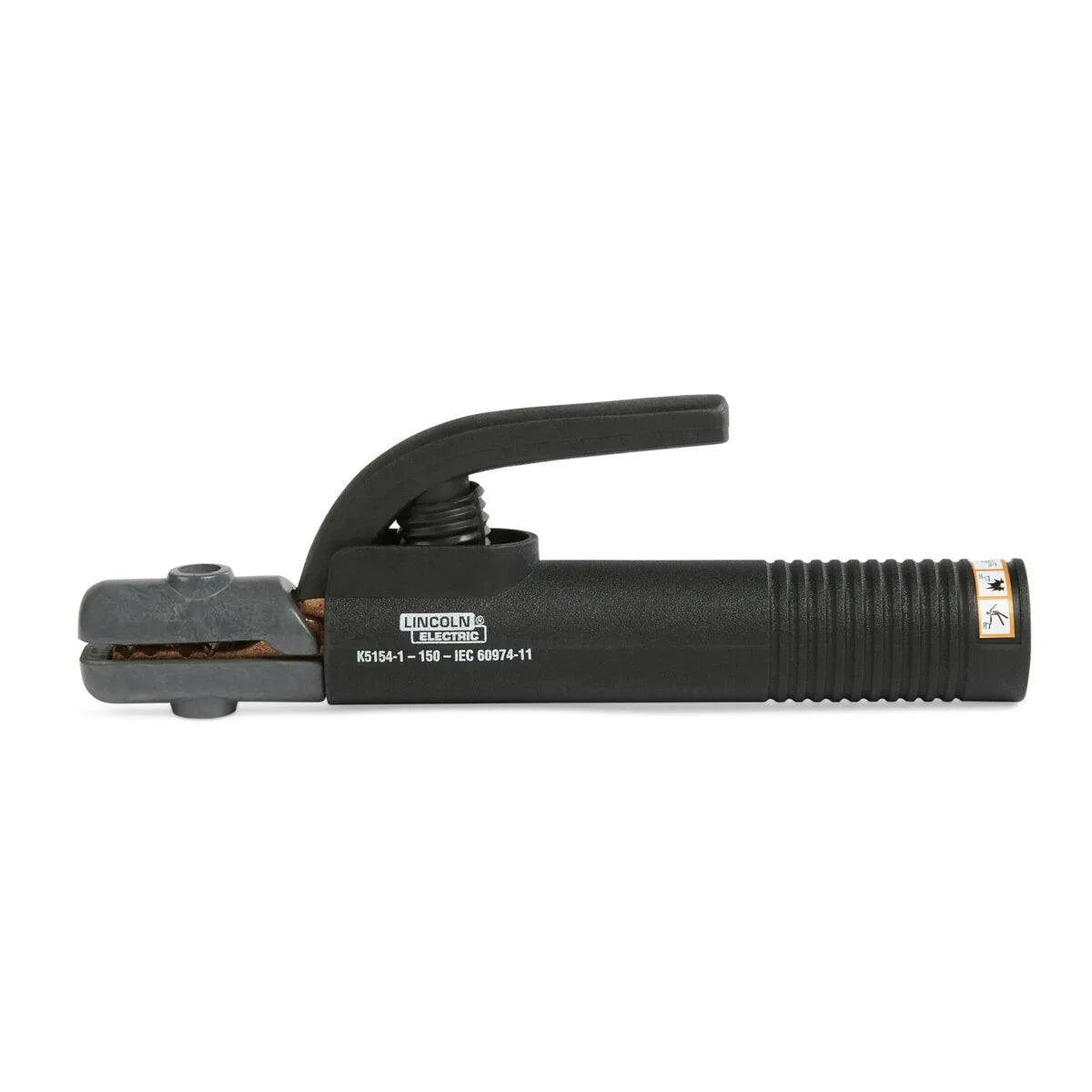 The Lincoln Industrial 200 Amp Electrode Holder K5154-1 is a black electrode holder with a ribbed handle, spring-loaded clamp, metal jaws for welding rods, safety warning labels near the end, and model “K5154-1 150 - IEC 60974-11” on the side.
