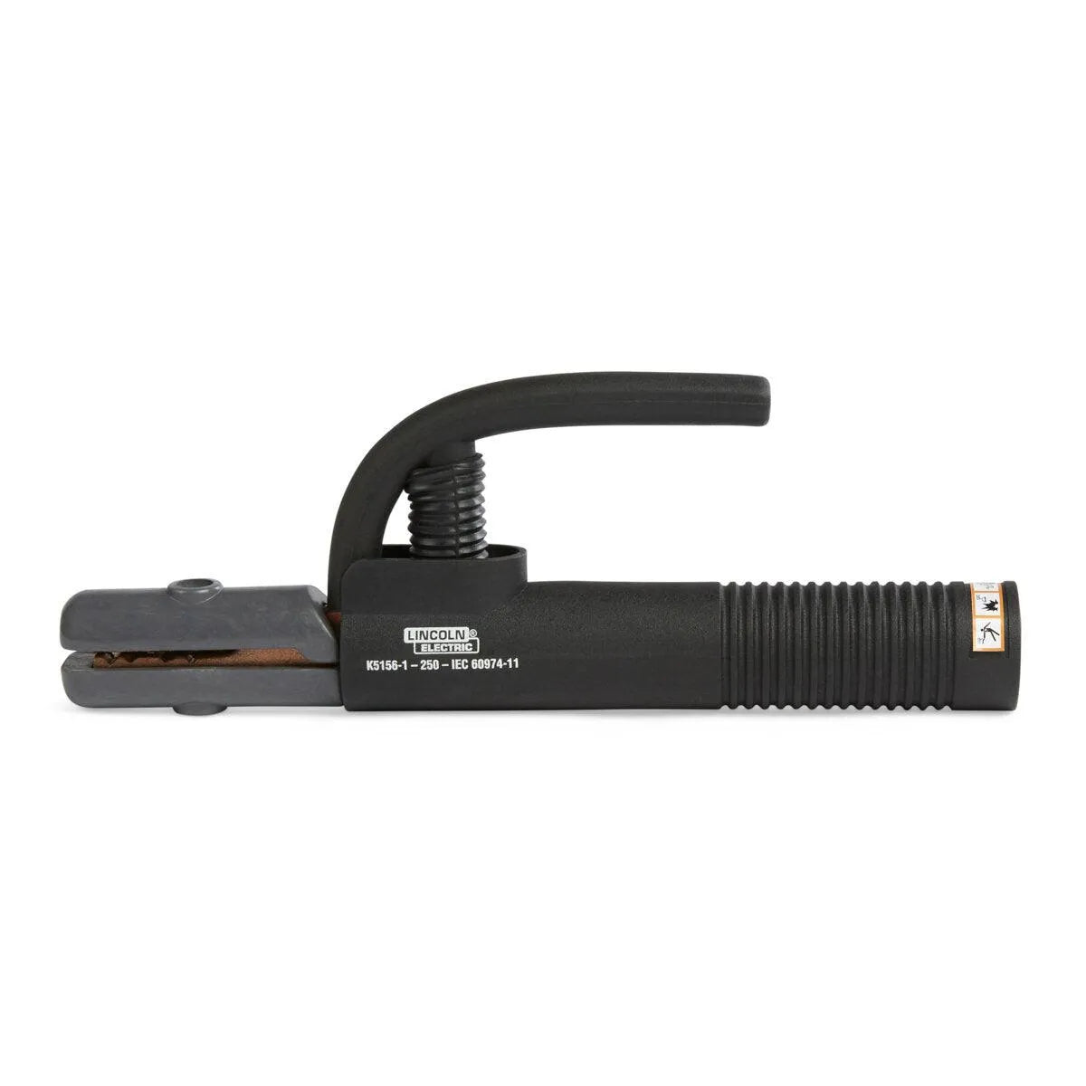 The Lincoln Industrial 300 Amp Electrode Holder K5156-1 features a black ribbed handle, copper-lined clamp, and spring-loaded lever. Lincoln Electric and product info are printed on the handle. Ideal for welding tasks.