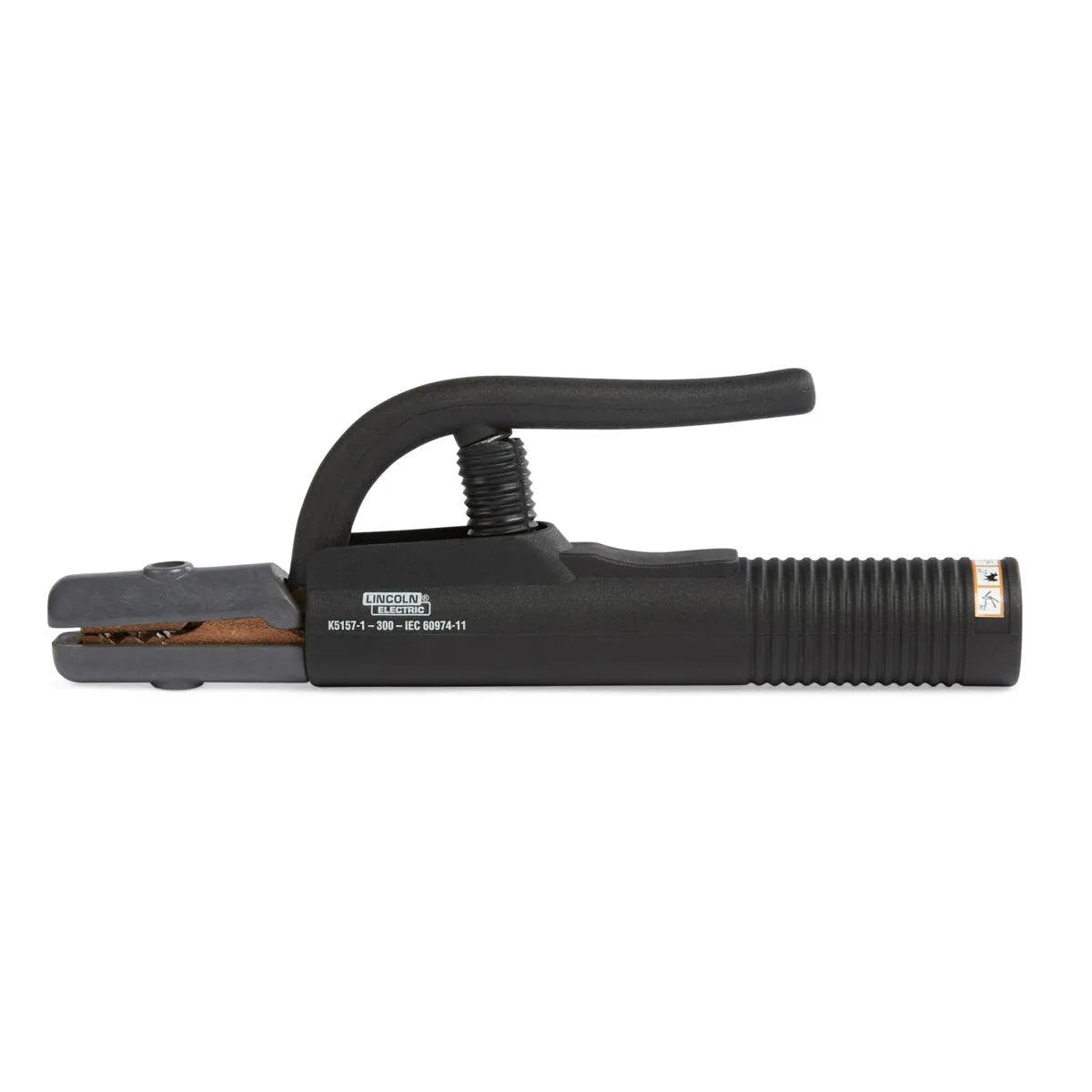 The Lincoln Industrial 350 Amp Electrode Holder K5157-1 is black with a ribbed handle, clamp mechanism, and spring-loaded lever for secure welding rod grip. Product details and branding appear on the side. Designed for safe welding use.