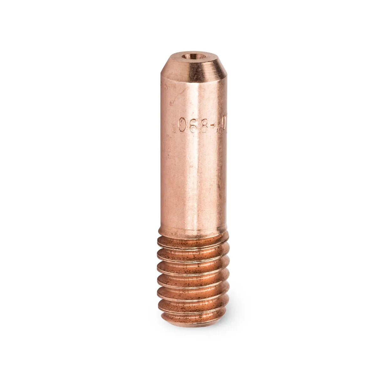 The Lincoln Innershield Contact Tip Severe Duty (5/64 in, 5/16 in long, 18 thread, KP2100-4B1) is a copper-colored, cylindrical metal nozzle with helical threading and engraved markings. Ideal for flux-core welding. Sold in packs of 10.