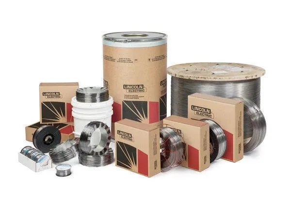 Lincoln Innershield NR-211-MP welding wire in boxes, spools, and drums for all-position welding equipment on white background.