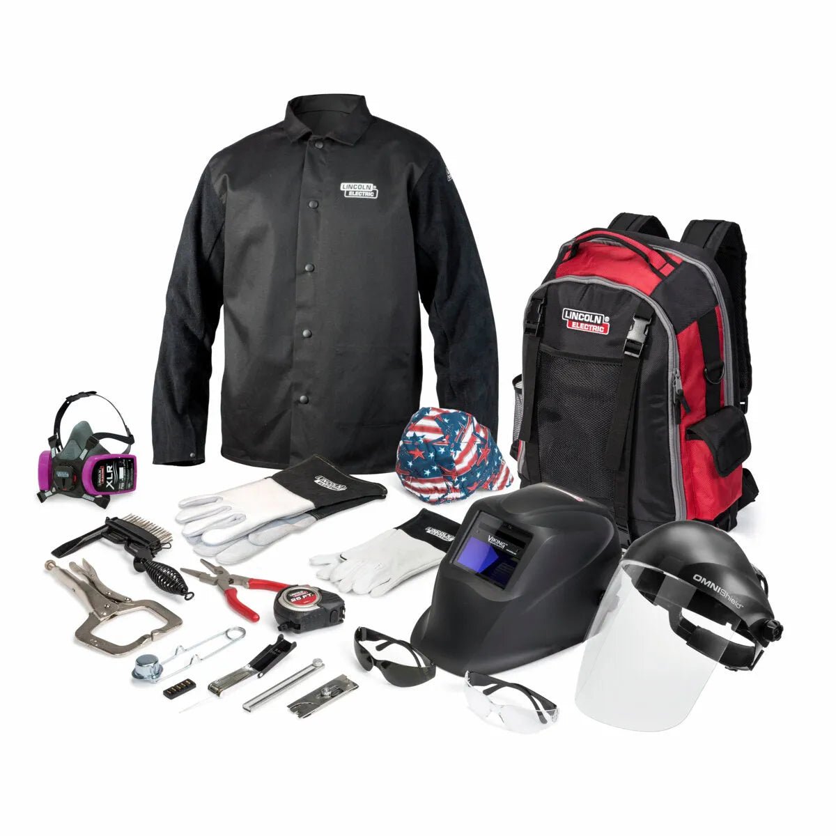 Lincoln Welding Gear Ready-Pak L K4595-M kit: jacket, auto-darkening helmet, tools, gloves, backpack, all on white background.