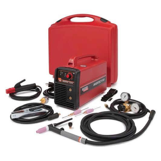 Lincoln Invertec V155-S TIG/Stick Welder Ready-Pak K2606-1 with cables, torch, clamps, gas regulator, and red case on white.