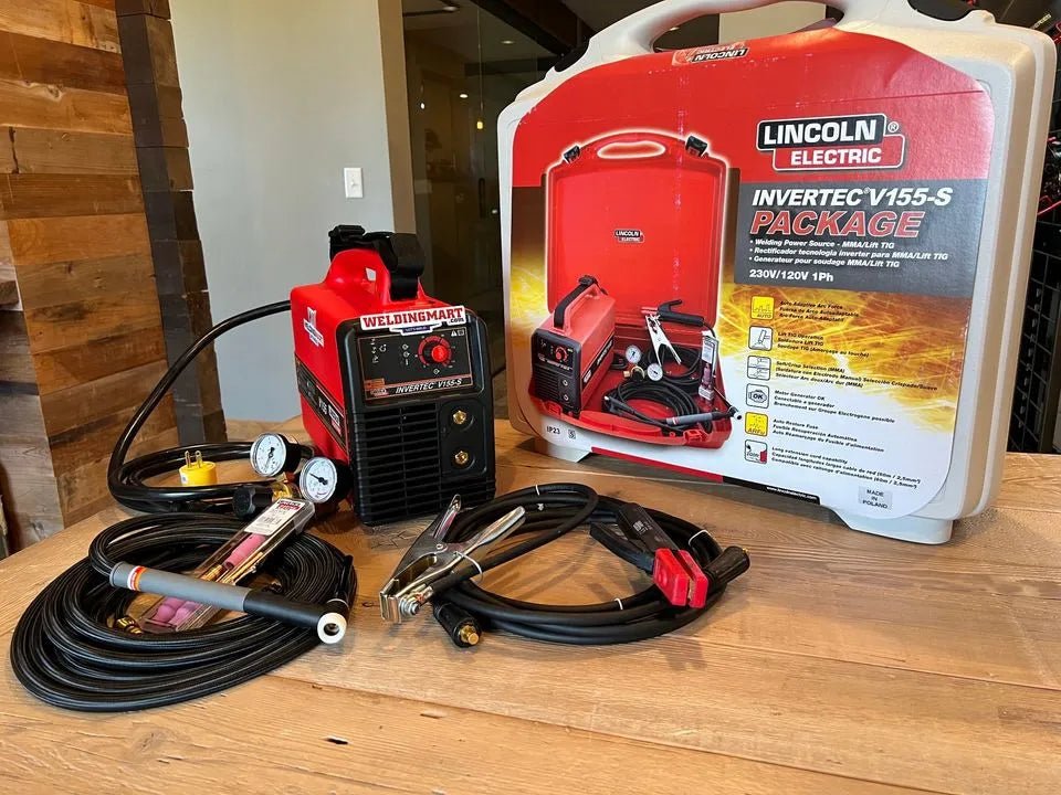 Lincoln Invertec V155-S TIG/Stick Welder Ready-Pak (K2606-1) with welding cables on table—top-rated WeldingMart equipment.