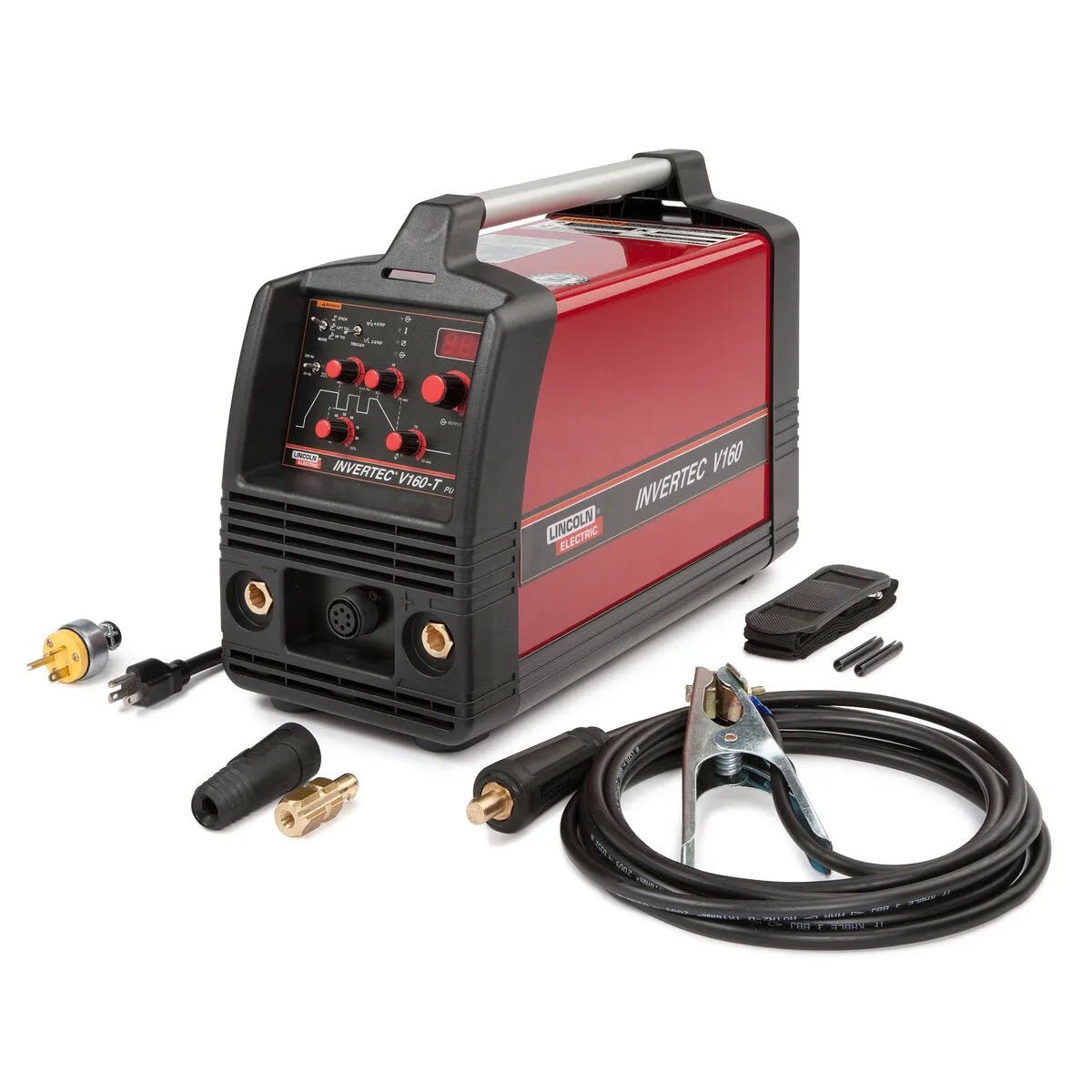 Lincoln Invertec V160-T TIG Welder K1845-1 in red/black with cables, clamps & connectors—portable welder with pulse control.