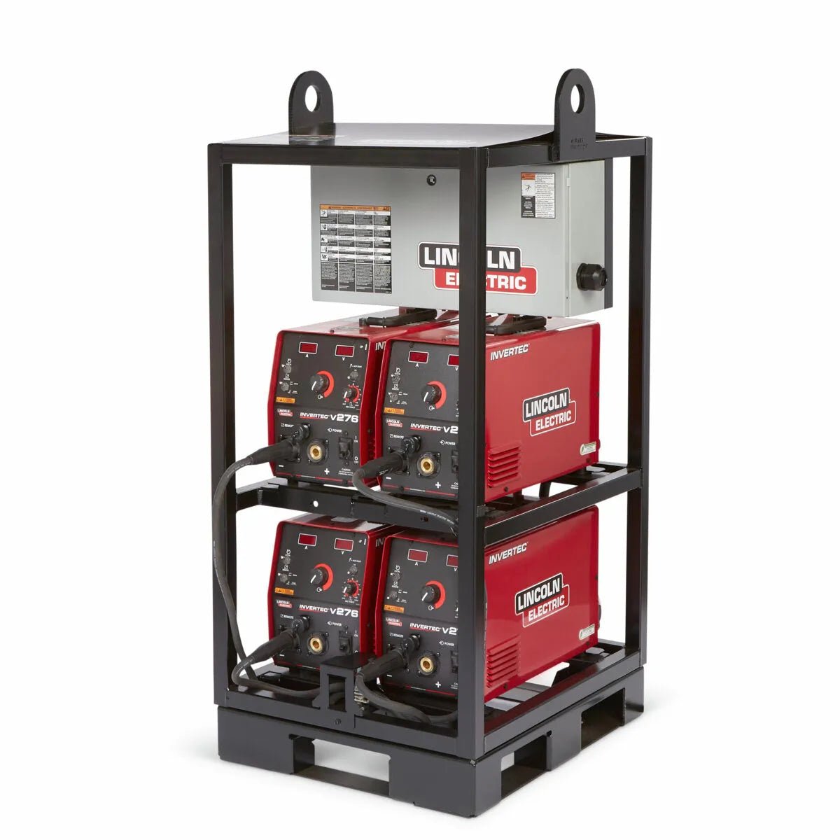 Lincoln Invertec V276 4-Pack Rack K4869-1 welding power sources in black rack, showing control panels, cables, and logos.