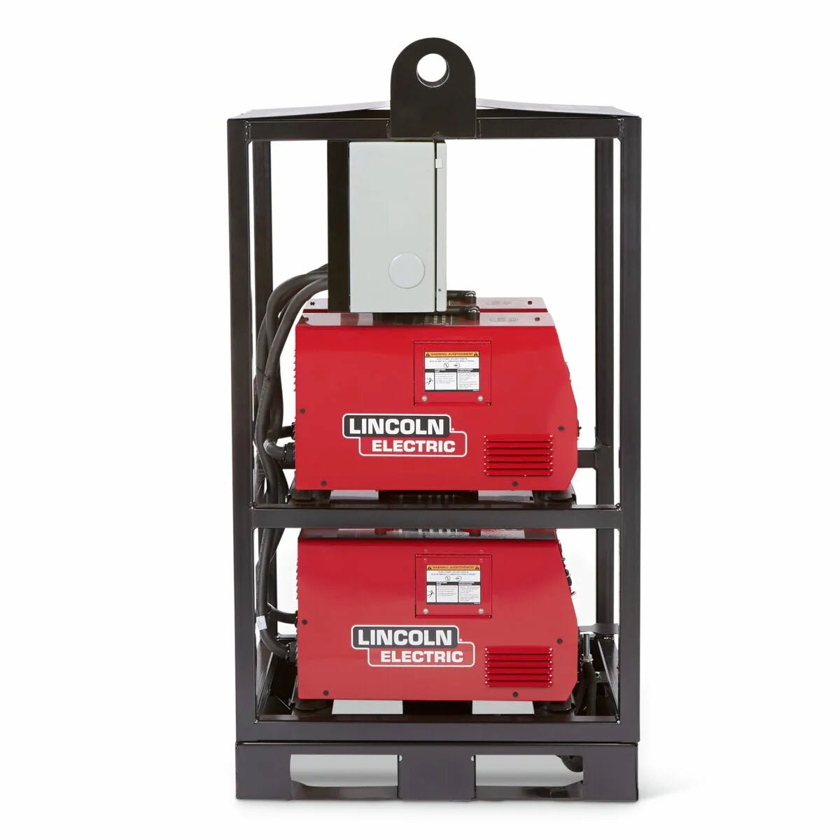 Lincoln Invertec V276 4-Pack Rack (K4869-1) welding power sources stacked in frame with cables, ideal welding equipment.
