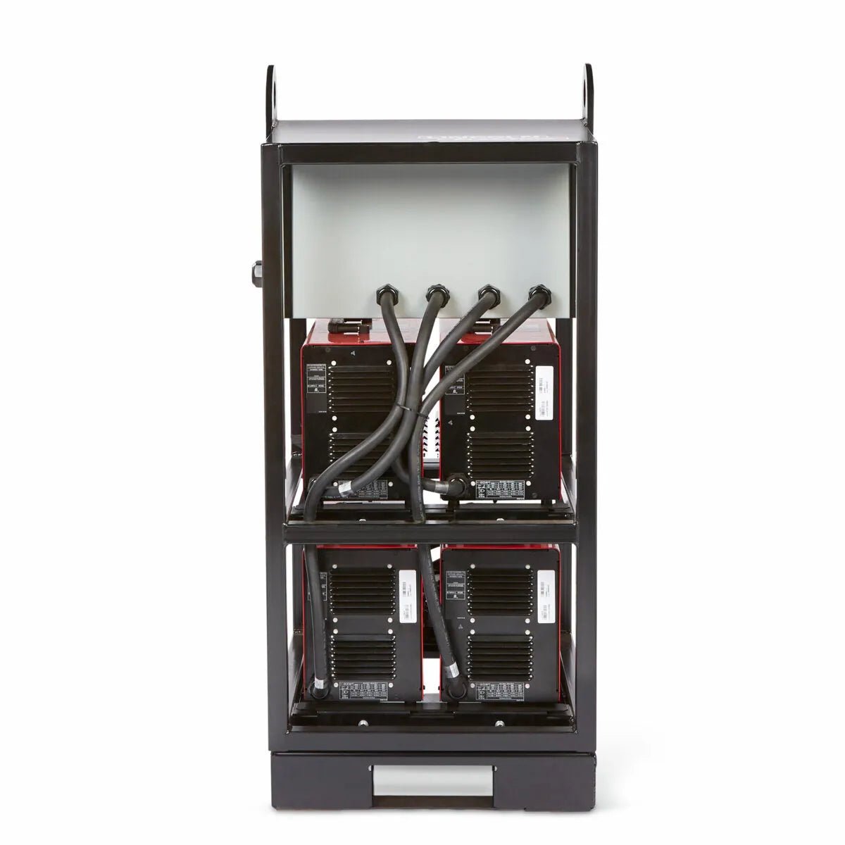 Lincoln Invertec V276 4-Pack Rack K4869-1: portable black metal welding rack, four power sources, heavy cables, open front.