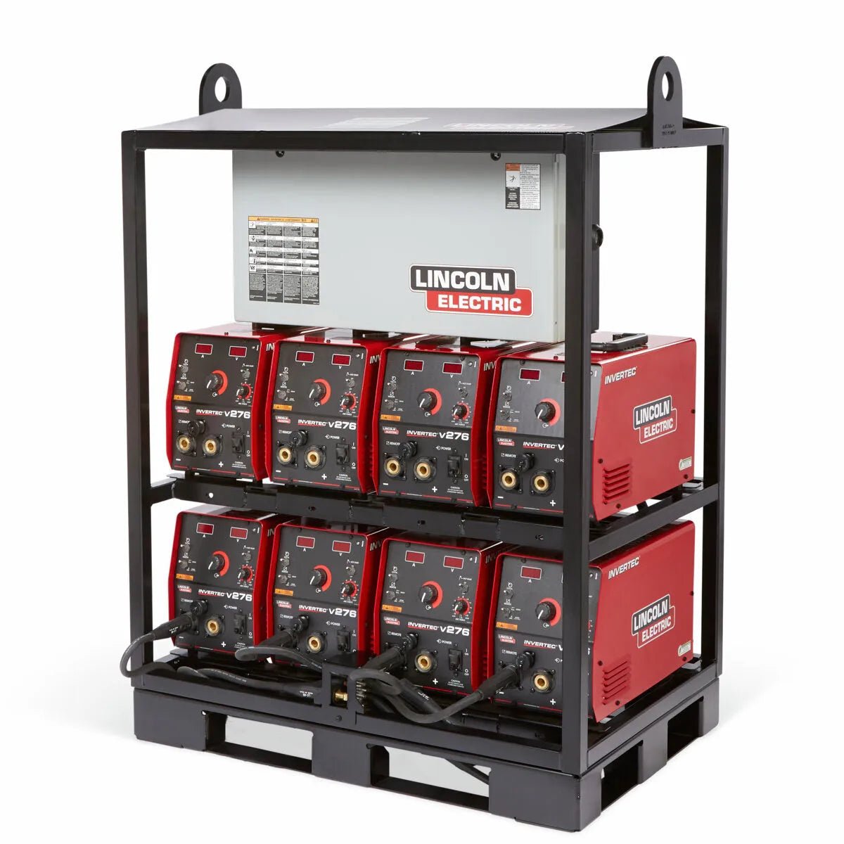 Lincoln Invertec V276 8-Pack Rack K4869-2 with six red inverter welders, control unit, and cables for industrial welding setups.